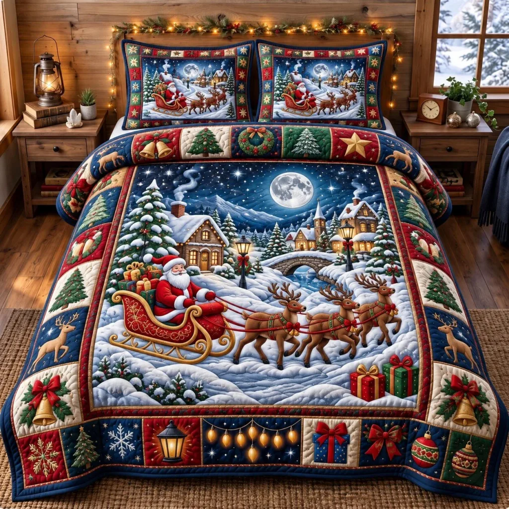 Santa Claus Sleigh Ride Christmas Winter Wonderland Quilted Bedding Set Santa Claus Sleigh Ride Christmas Winter Wonderland Quilted Bedding Set