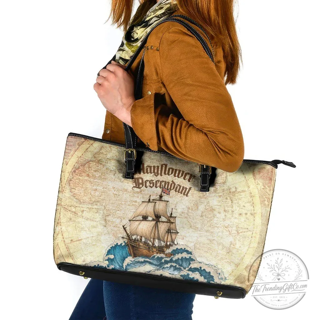 Mayflower Descendant Ship Vintage Nautical Map Ocean Waves Leather Tote Bag