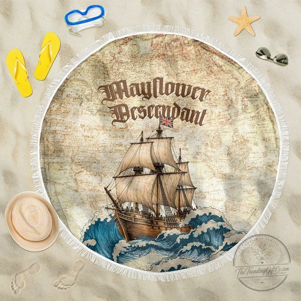 Mayflower Descendant Ship Vintage Nautical Map Ocean Waves Round Beach Blanket 5 Mayflower Descendant Ship Vintage Nautical Map Ocean Waves Round Beach Blanket