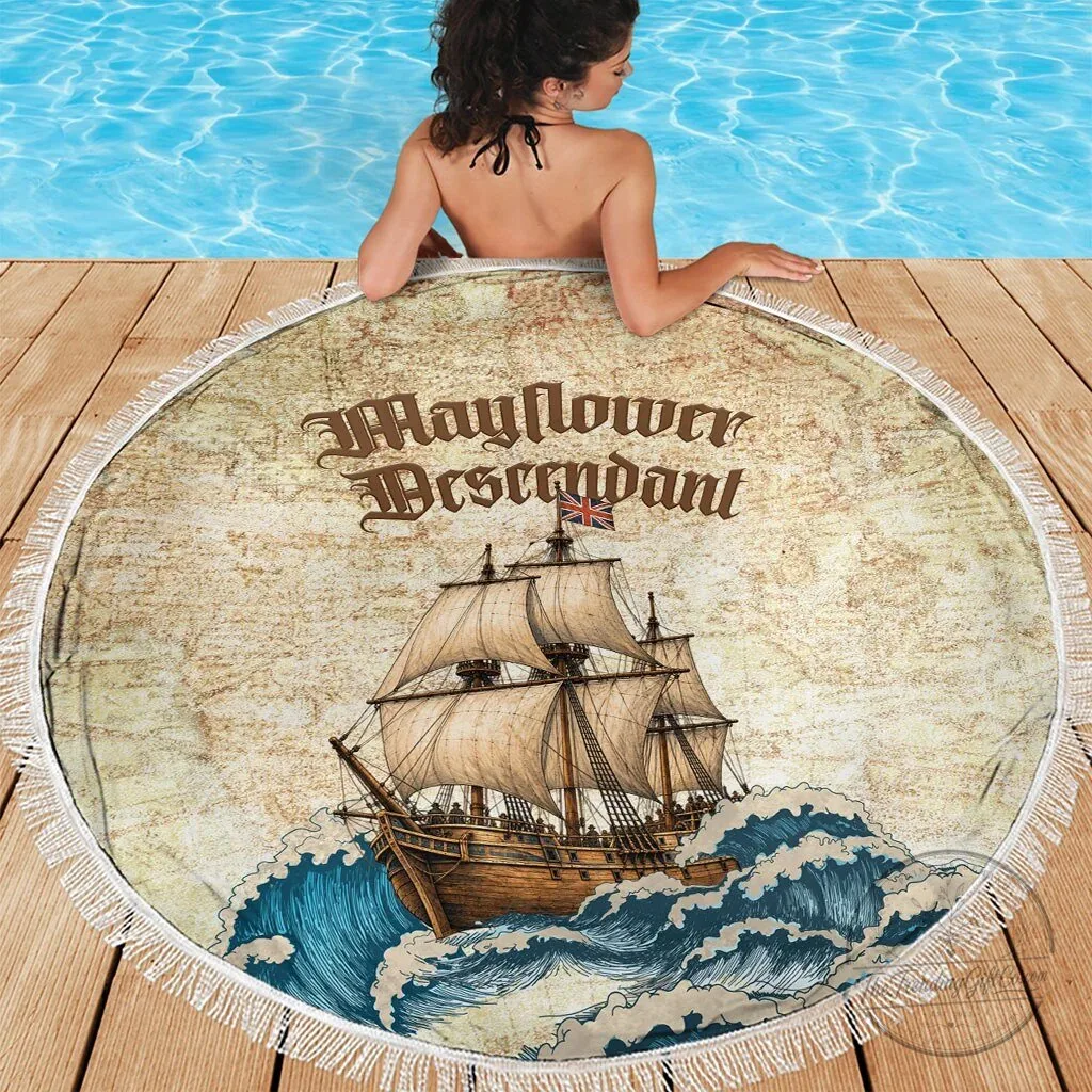 Mayflower Descendant Ship Vintage Nautical Map Ocean Waves Round Beach Blanket 7 Mayflower Descendant Ship Vintage Nautical Map Ocean Waves Round Beach Blanket