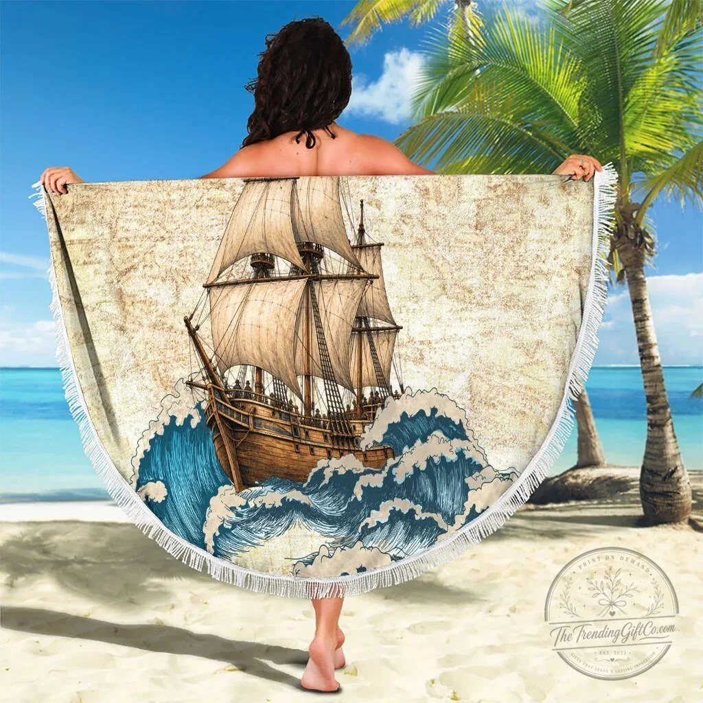 Mayflower Descendant Ship Vintage Nautical Map Ocean Waves Round Beach Blanket 8 Mayflower Descendant Ship Vintage Nautical Map Ocean Waves Round Beach Blanket