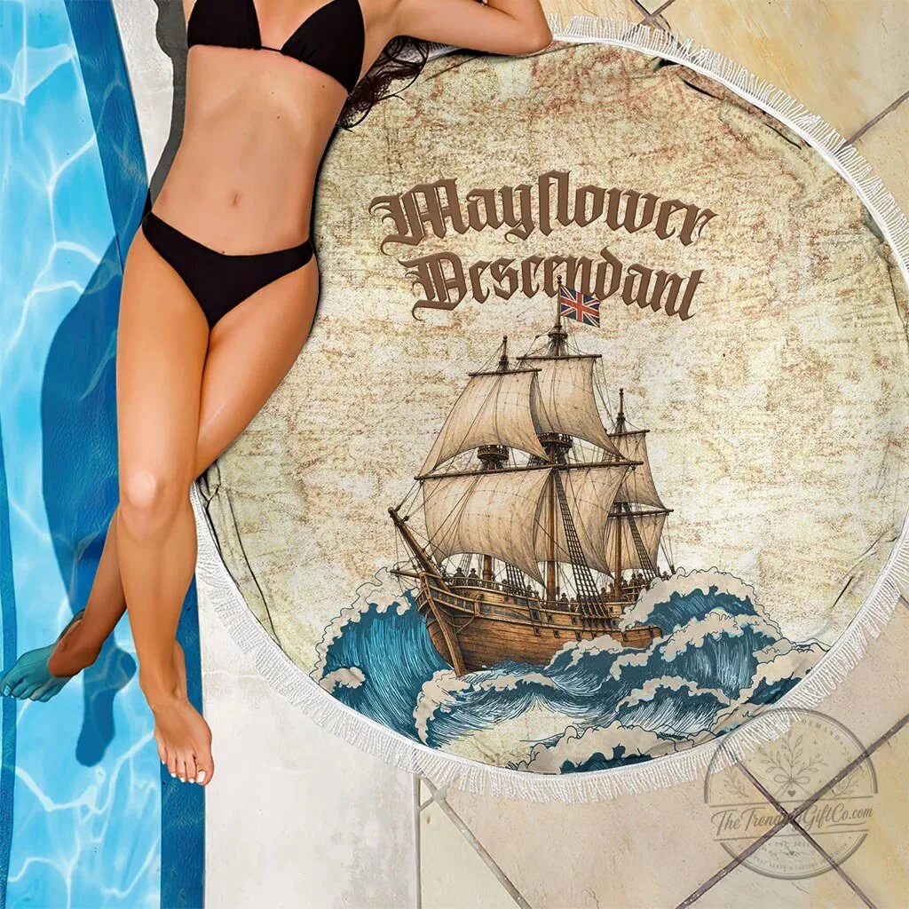 Mayflower Descendant Ship Vintage Nautical Map Ocean Waves Round Beach Blanket 9 Mayflower Descendant Ship Vintage Nautical Map Ocean Waves Round Beach Blanket