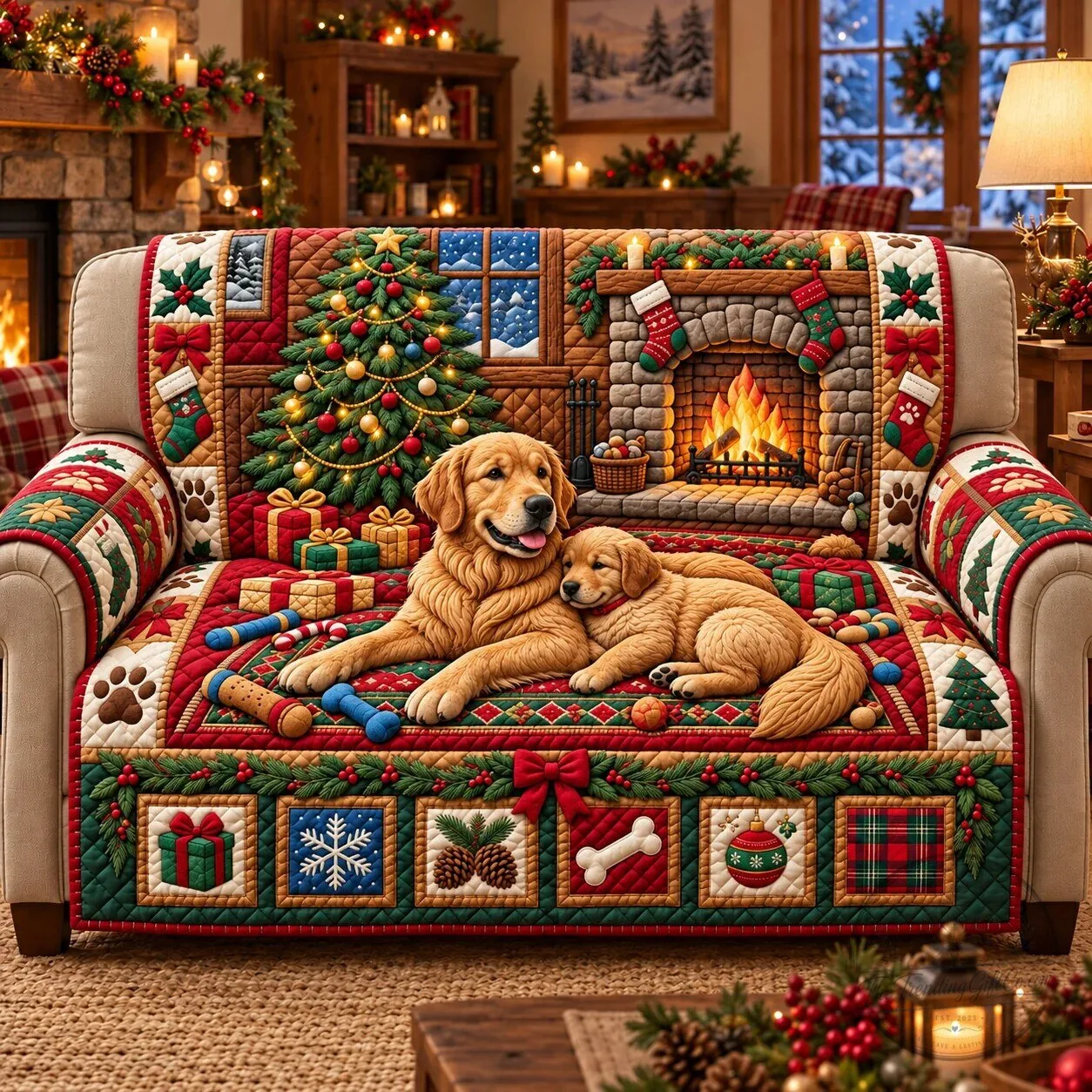 Golden Retriever Christmas Fireside Quilted Sofa Cover for Living Room Decor