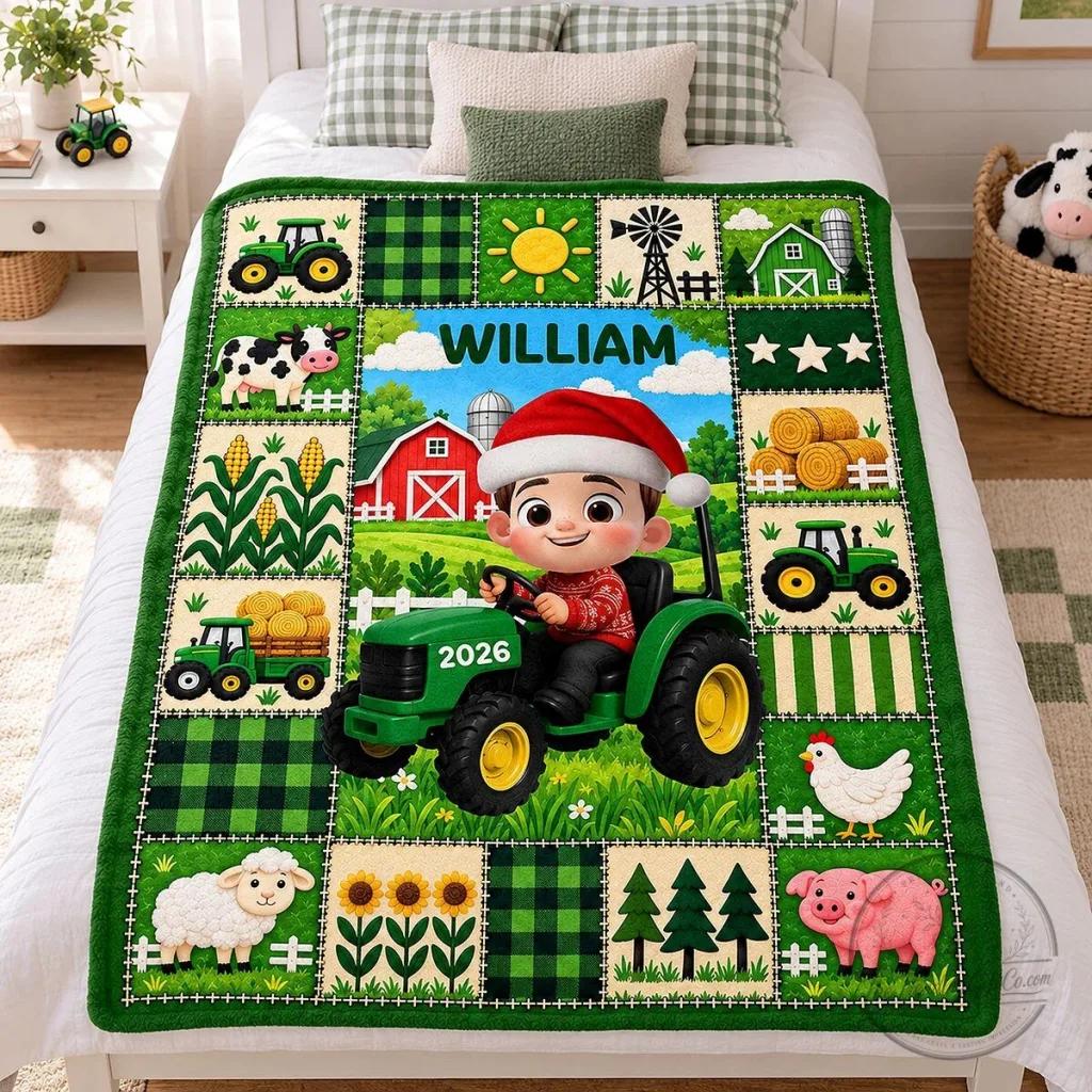 Personalized Boy Driving Green Tractor Farm Animals Christmas Blanket Personalized Boy Driving Green Tractor Farm Animals Christmas Blanket