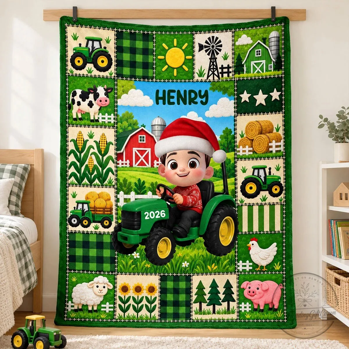 Personalized Boy Driving Green Tractor Farm Animals Christmas Blanket 12 Personalized Boy Driving Green Tractor Farm Animals Christmas Blanket