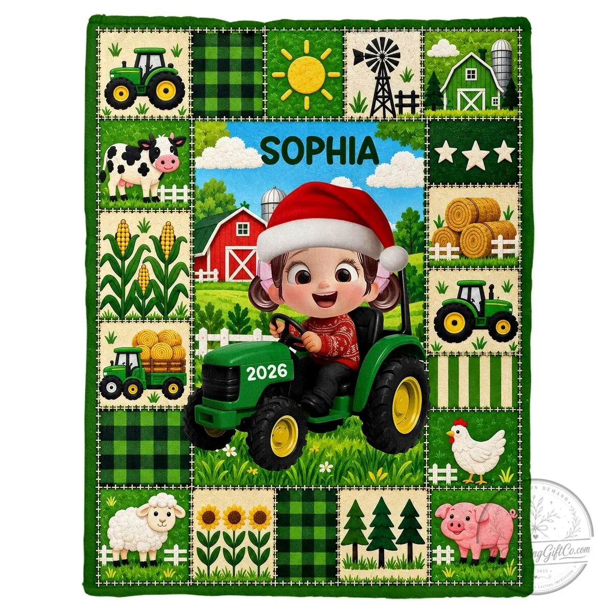 Personalized Boy Driving Green Tractor Farm Animals Christmas Blanket 14 Personalized Boy Driving Green Tractor Farm Animals Christmas Blanket