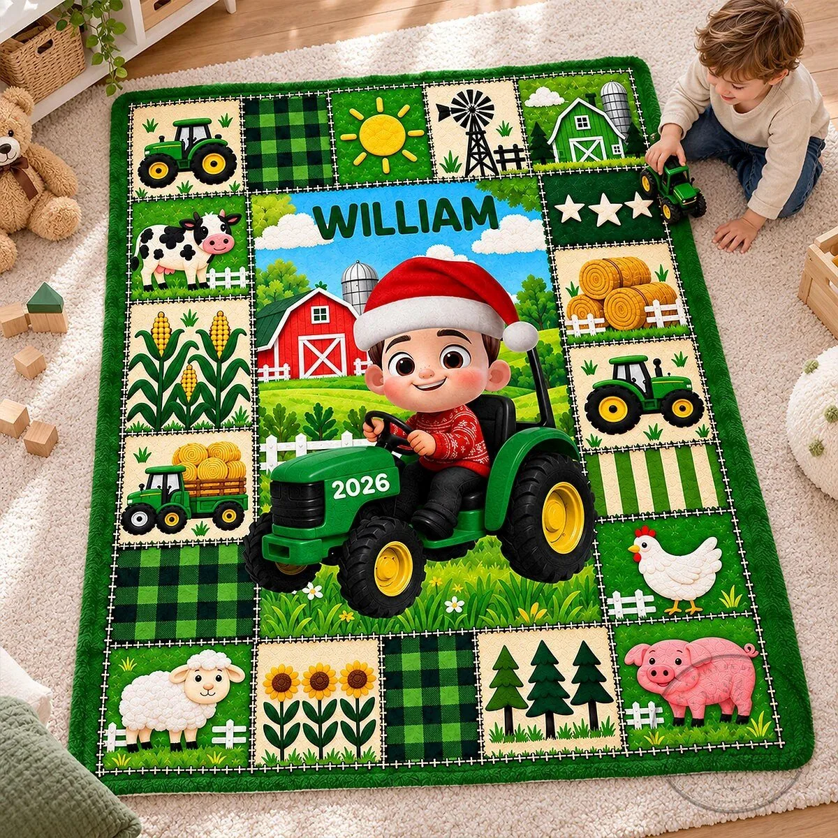 Personalized Boy Driving Green Tractor Farm Animals Christmas Blanket 15 Personalized Boy Driving Green Tractor Farm Animals Christmas Blanket