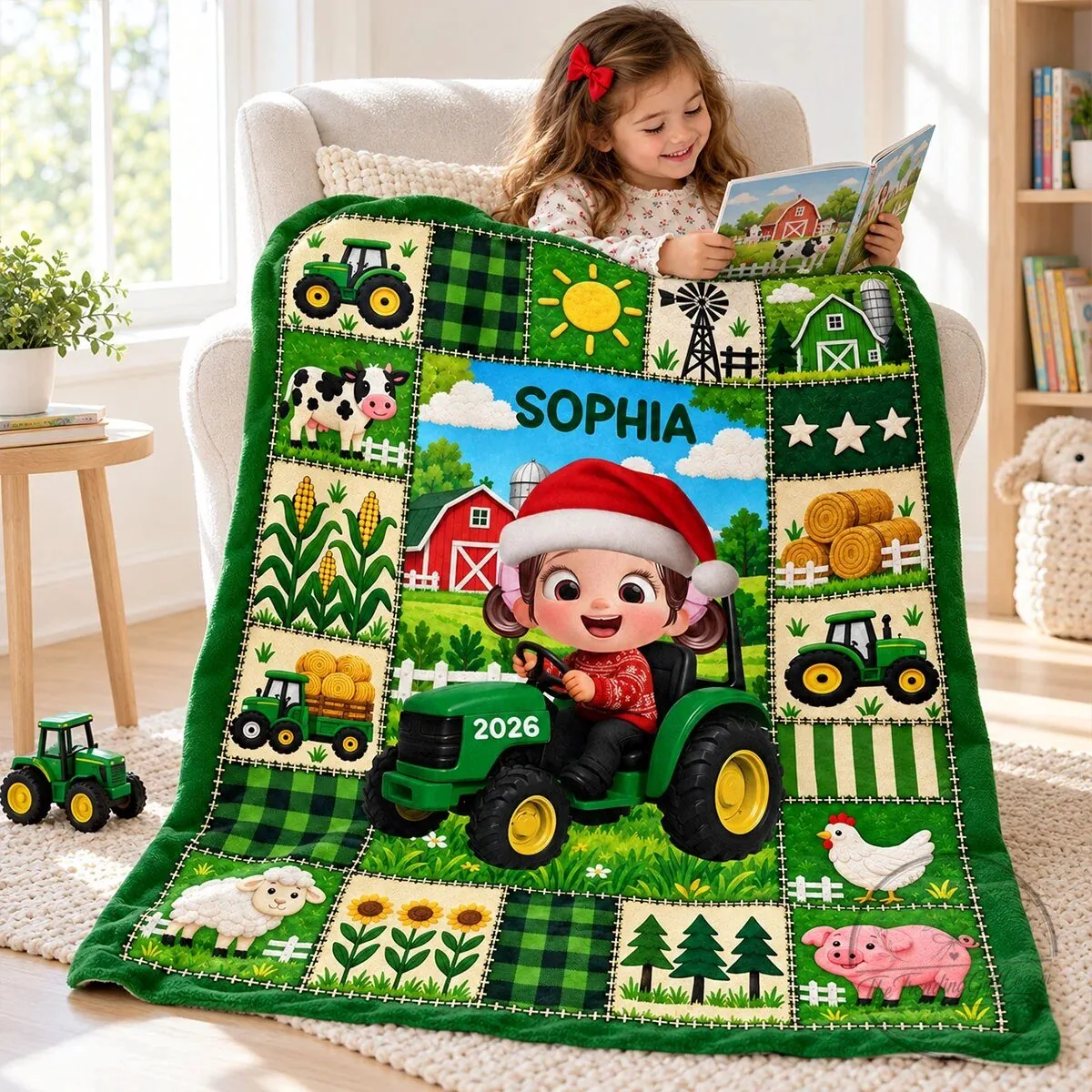 Personalized Boy Driving Green Tractor Farm Animals Christmas Blanket 16 Personalized Boy Driving Green Tractor Farm Animals Christmas Blanket