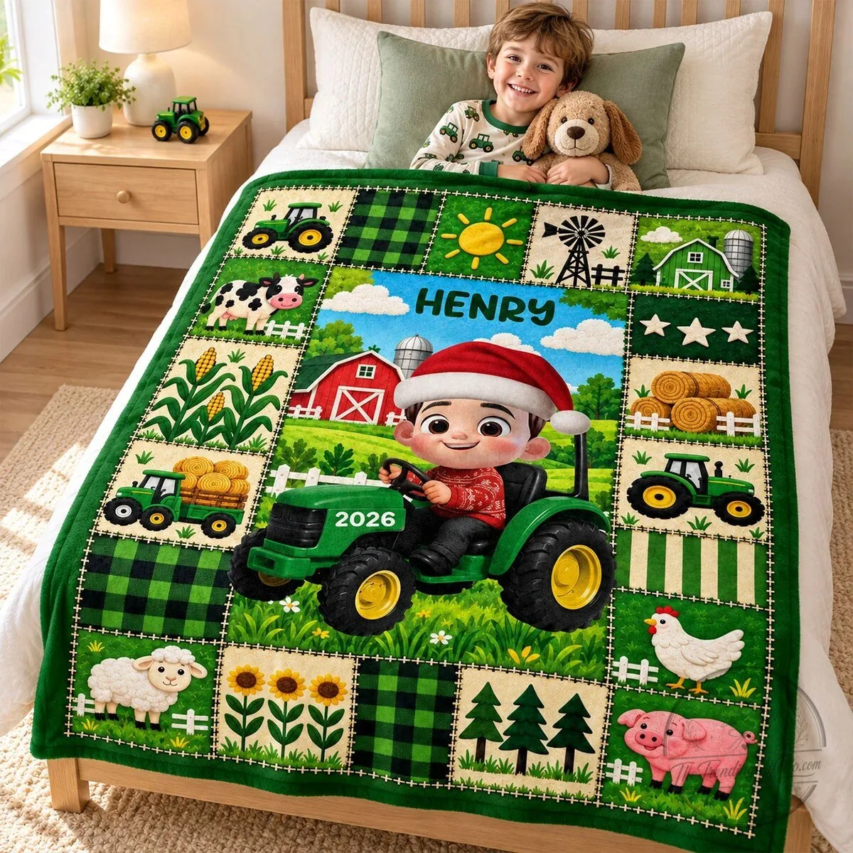 Personalized Boy Driving Green Tractor Farm Animals Christmas Blanket 17 Personalized Boy Driving Green Tractor Farm Animals Christmas Blanket