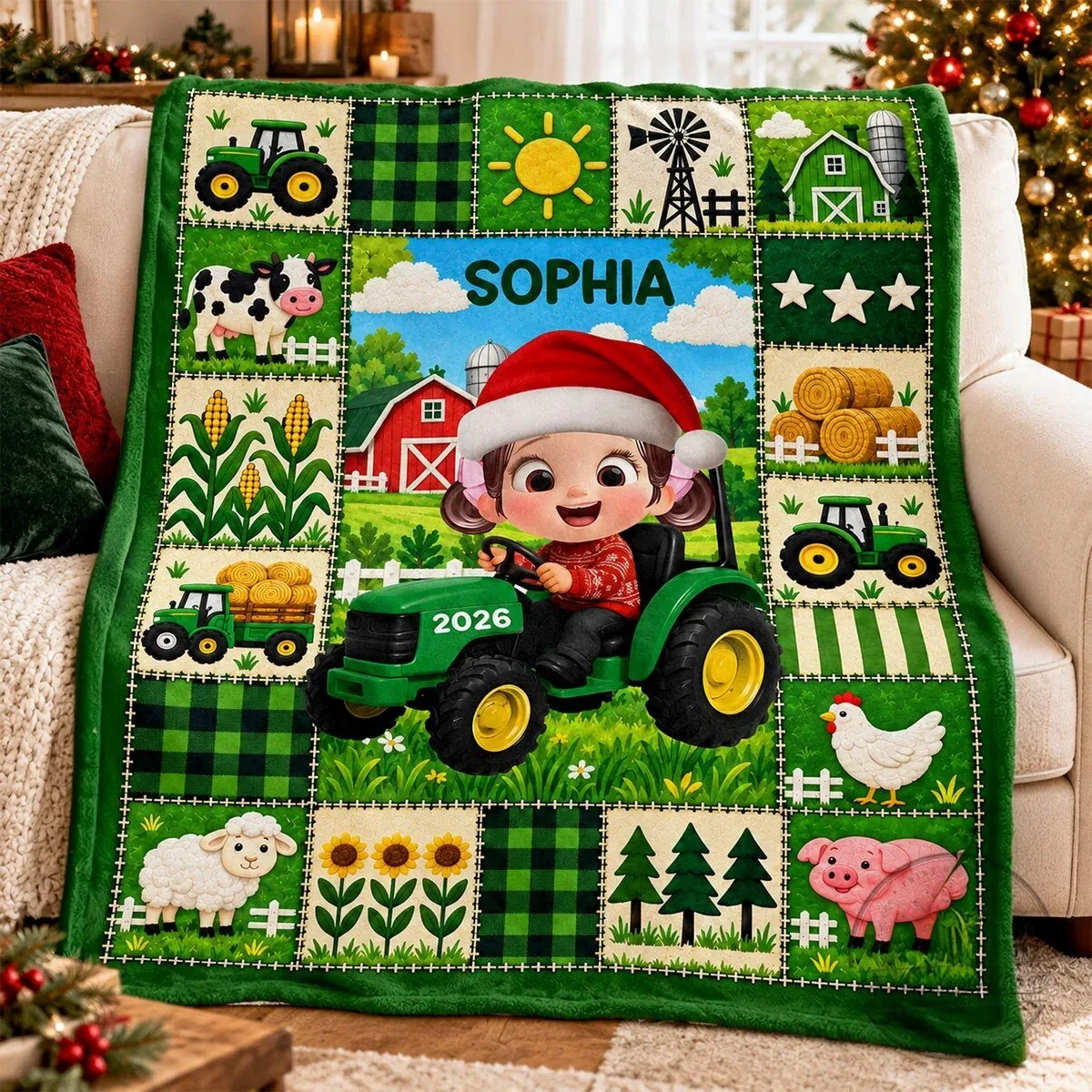 Personalized Boy Driving Green Tractor Farm Animals Christmas Blanket 18 Personalized Boy Driving Green Tractor Farm Animals Christmas Blanket
