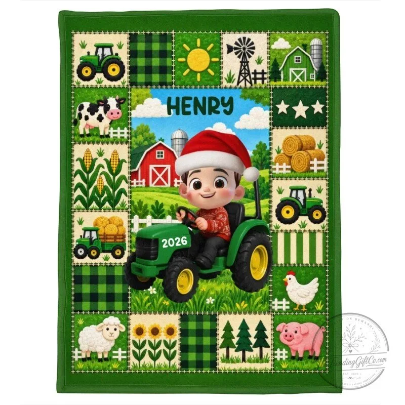 Personalized Boy Driving Green Tractor Farm Animals Christmas Blanket 19 Personalized Boy Driving Green Tractor Farm Animals Christmas Blanket