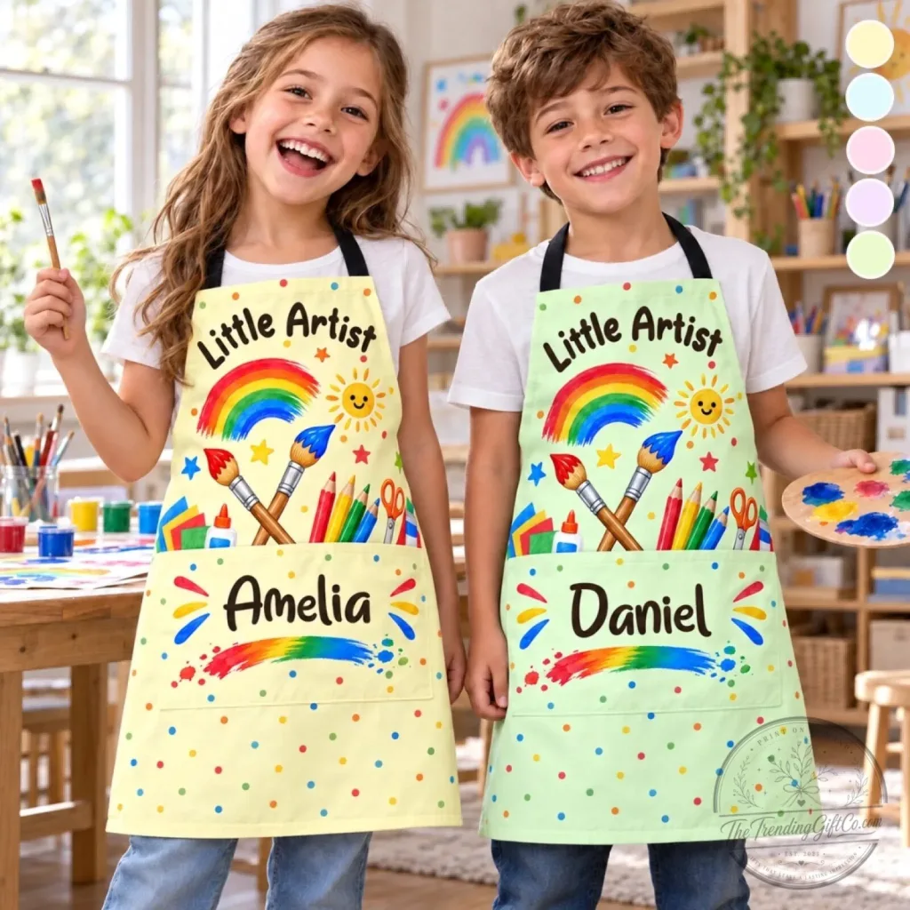 Personalized Little Artist Rainbow Kids Apron with Pockets Personalized Little Artist Rainbow Kids Apron with Pockets