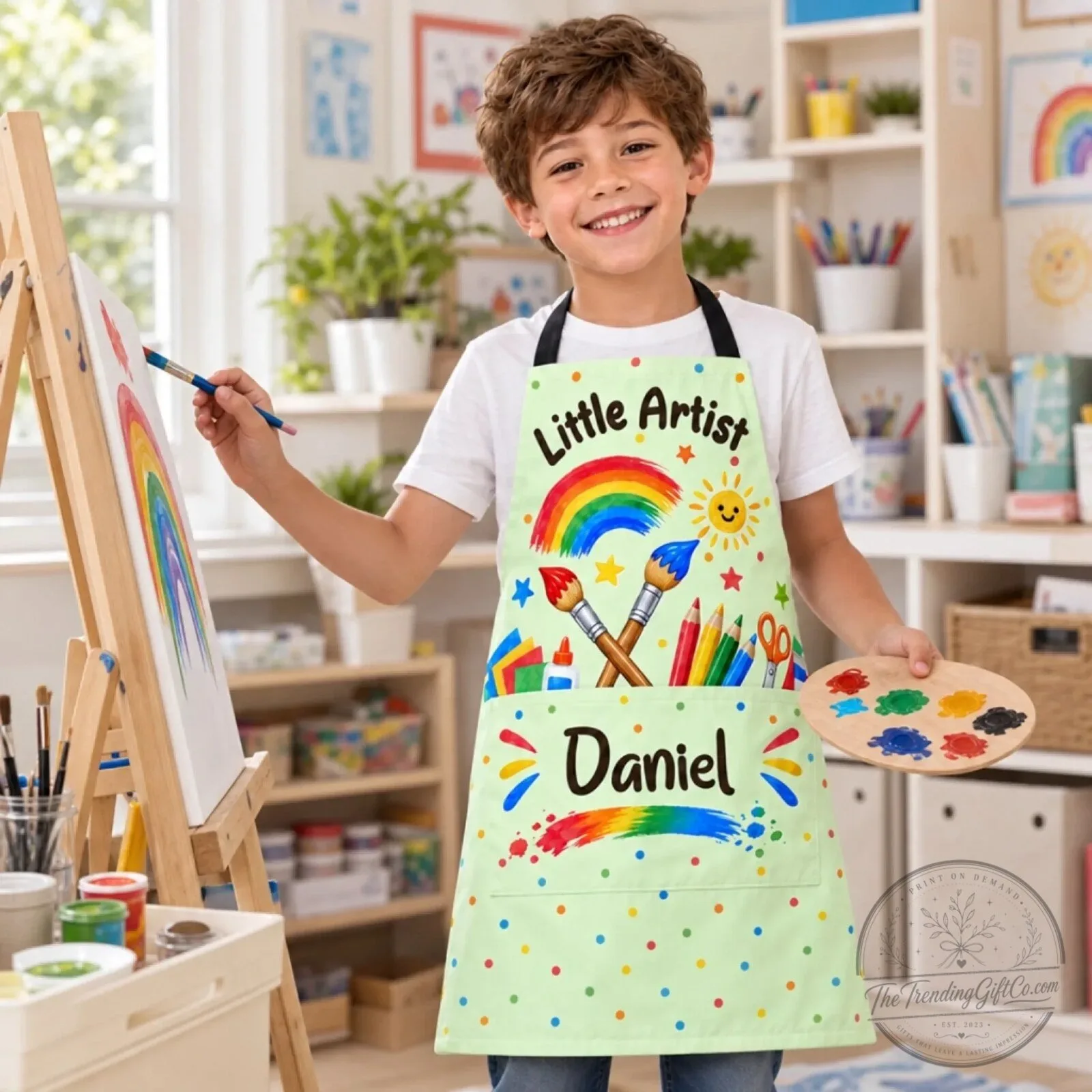 Personalized Little Artist Rainbow Kids Apron with Pockets 6 Personalized Little Artist Rainbow Kids Apron with Pockets