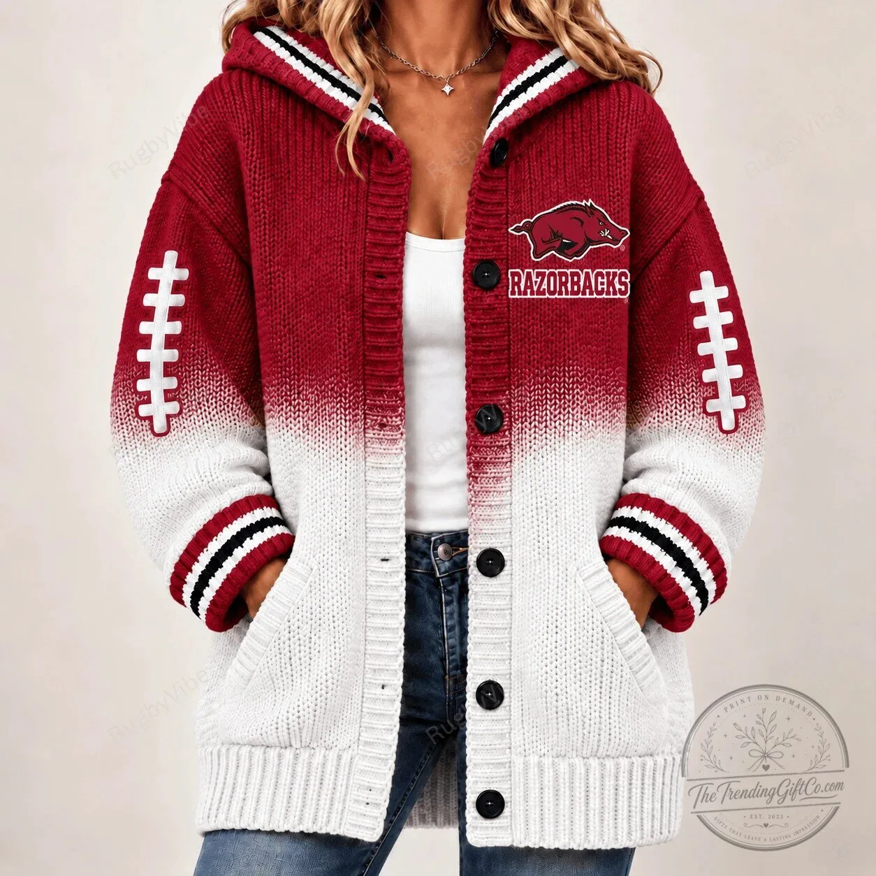 Arkansas Razorbacks Football Team Red White Striped Knit Cardigan Hoodie 1 Arkansas Razorbacks Football Team Red White Striped Knit Cardigan Hoodie