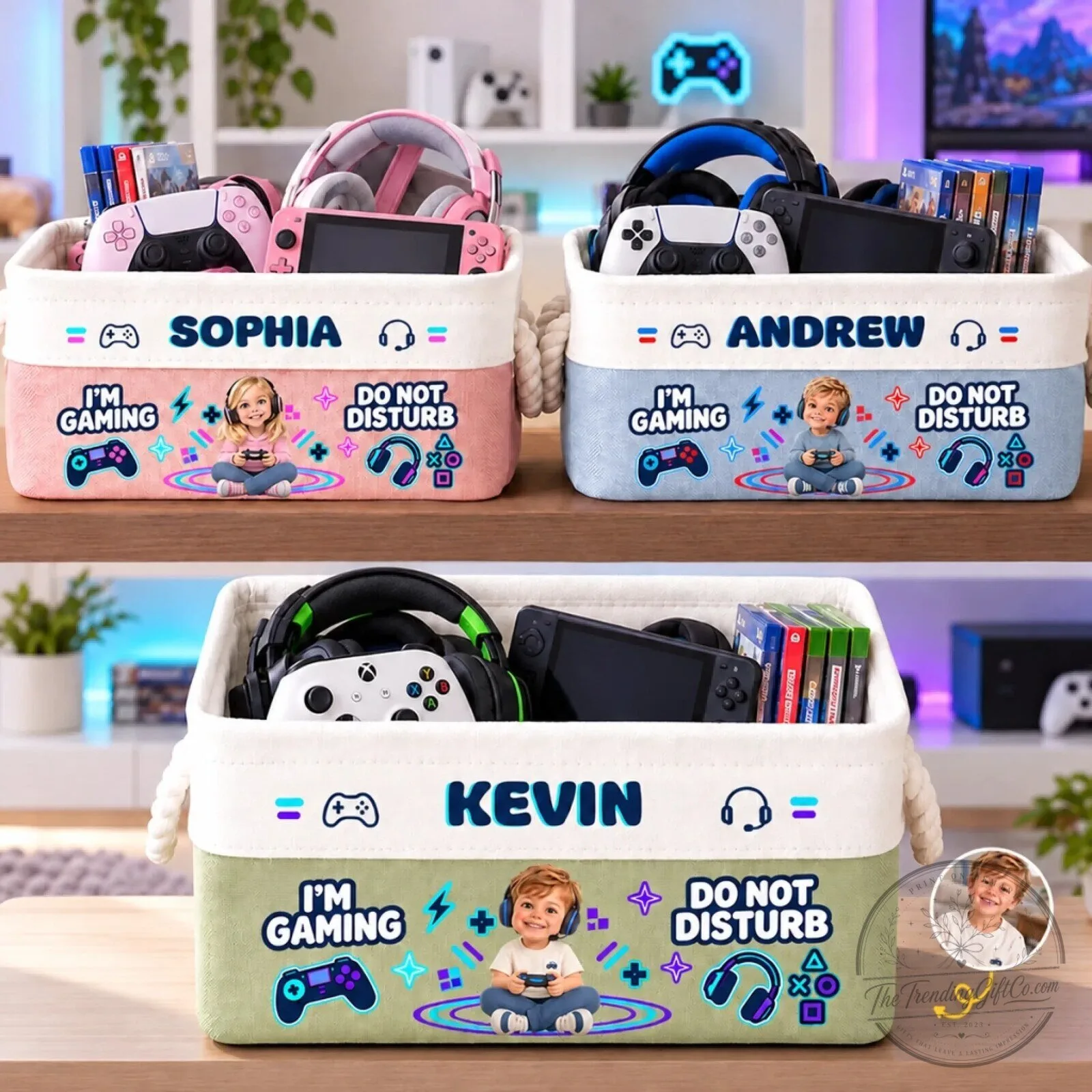 Personalized Gamer Kids Storage Basket with Custom Photo and Name, Gaming Room Decor