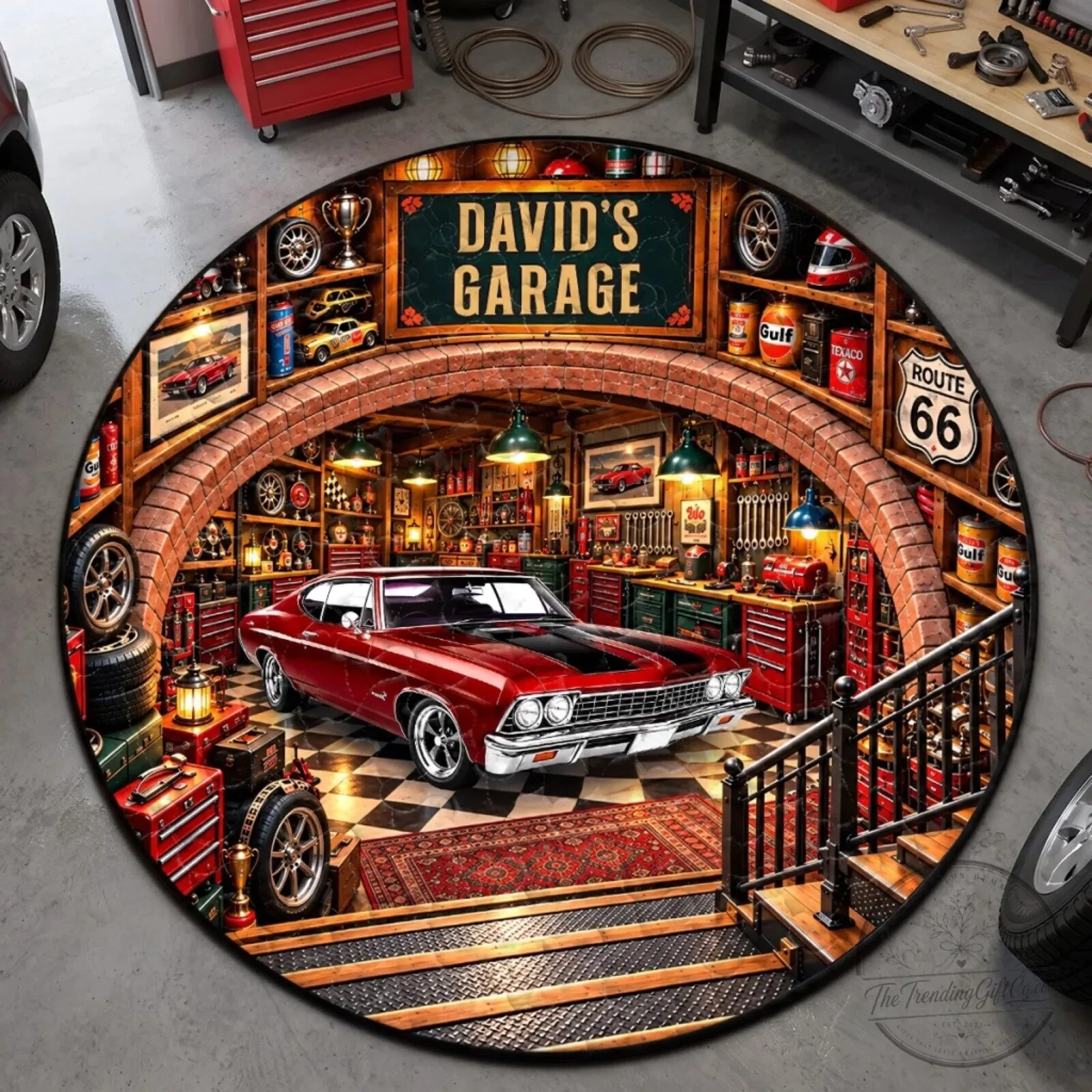Personalized Classic Car Garage Decor Round Mat with Custom Name