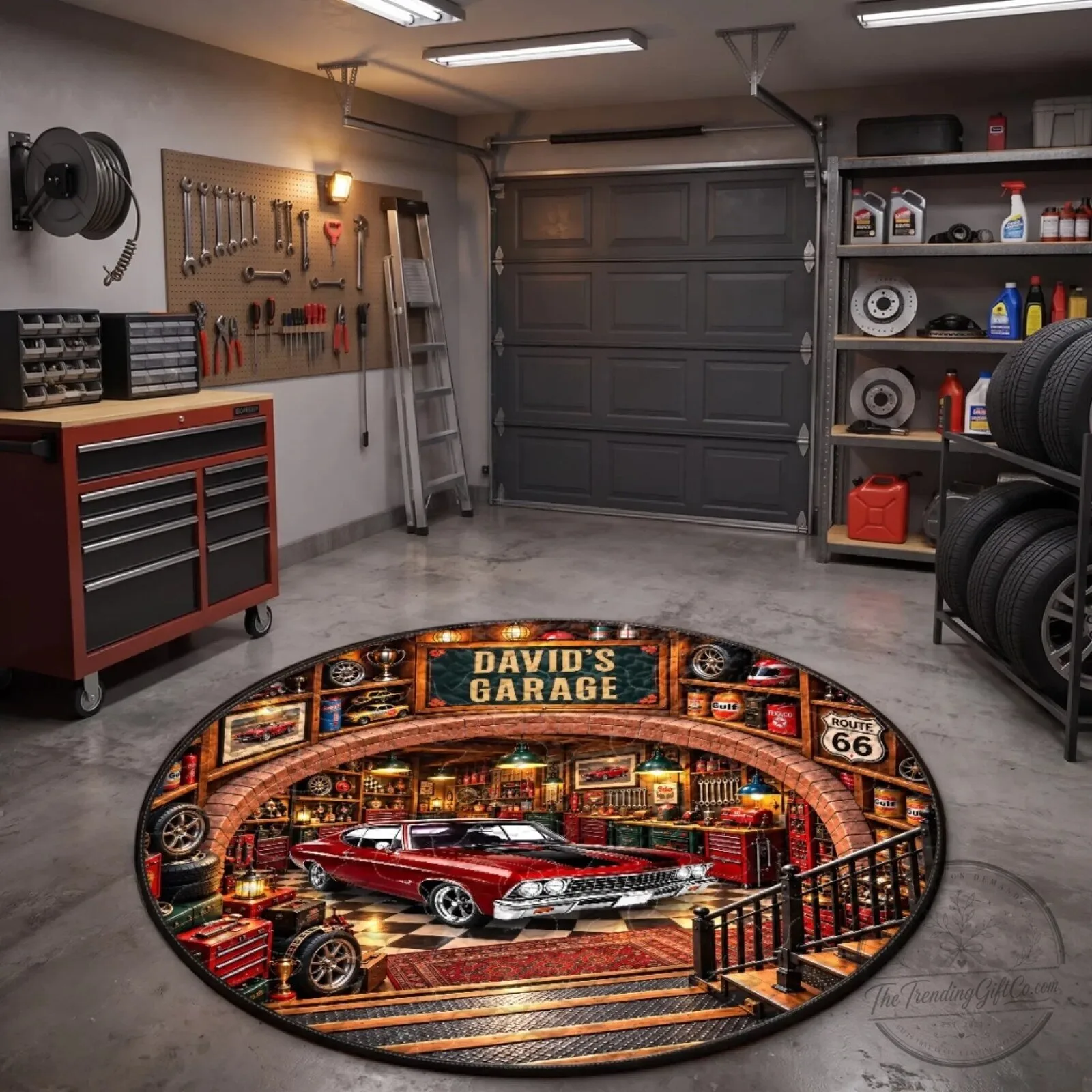 Personalized Classic Car Garage Decor Round Mat with Custom Name 8 Personalized Classic Car Garage Decor Round Mat with Custom Name