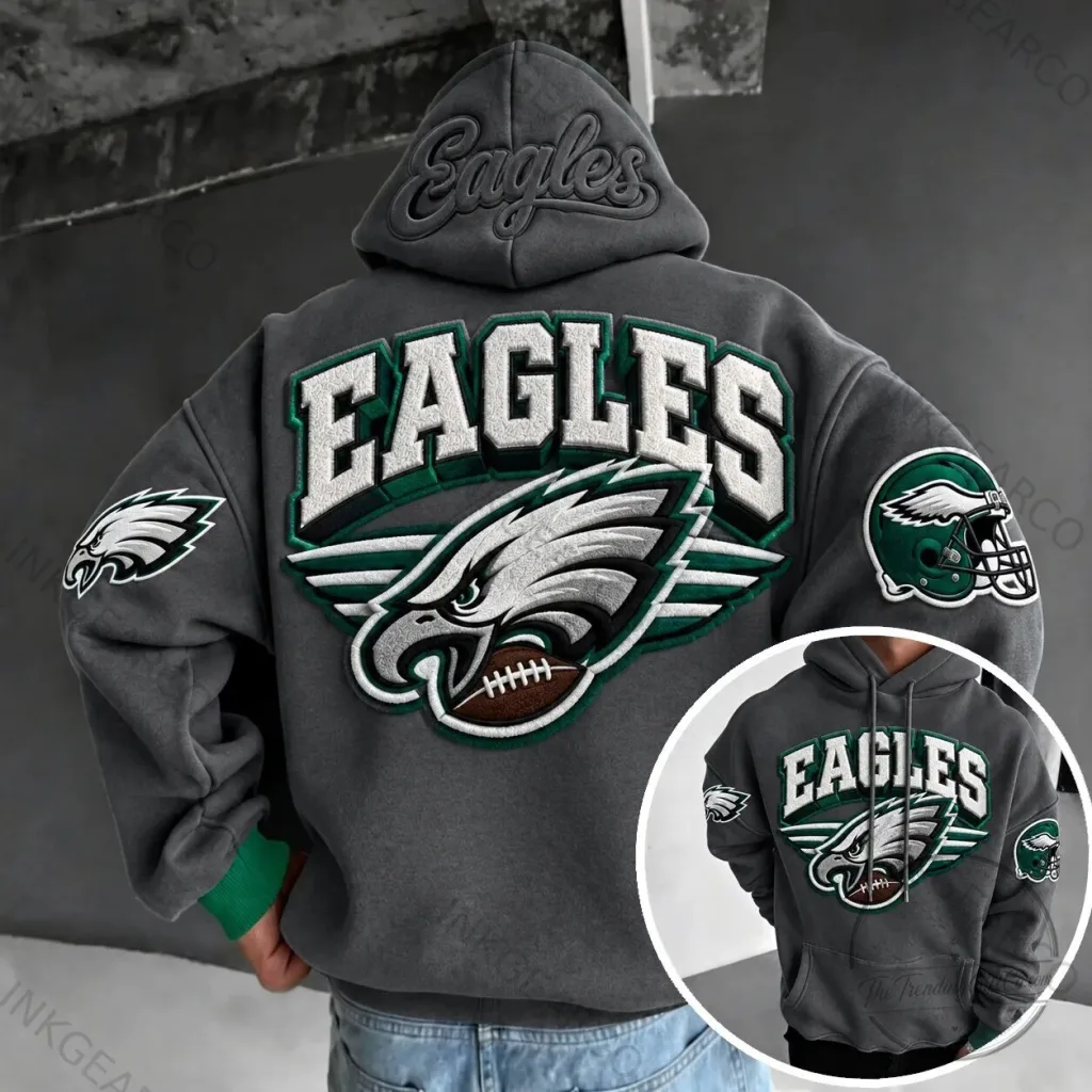 Philadelphia Eagles Football Team Logo Embroidered Gray Hoodie