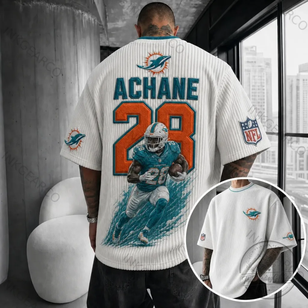 Miami Dolphins De'Von Achane NFL Football Team White Striped T-Shirt Miami Dolphins De'Von Achane NFL Football Team White Striped T-Shirt