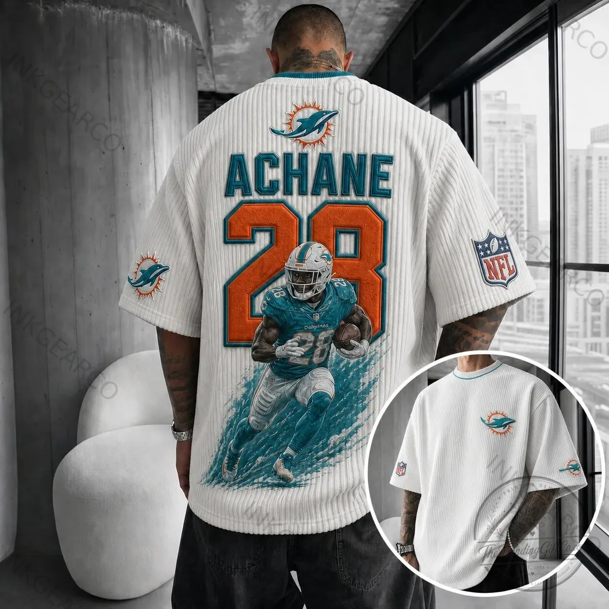 Miami Dolphins De'Von Achane NFL Football Team White Striped T-Shirt