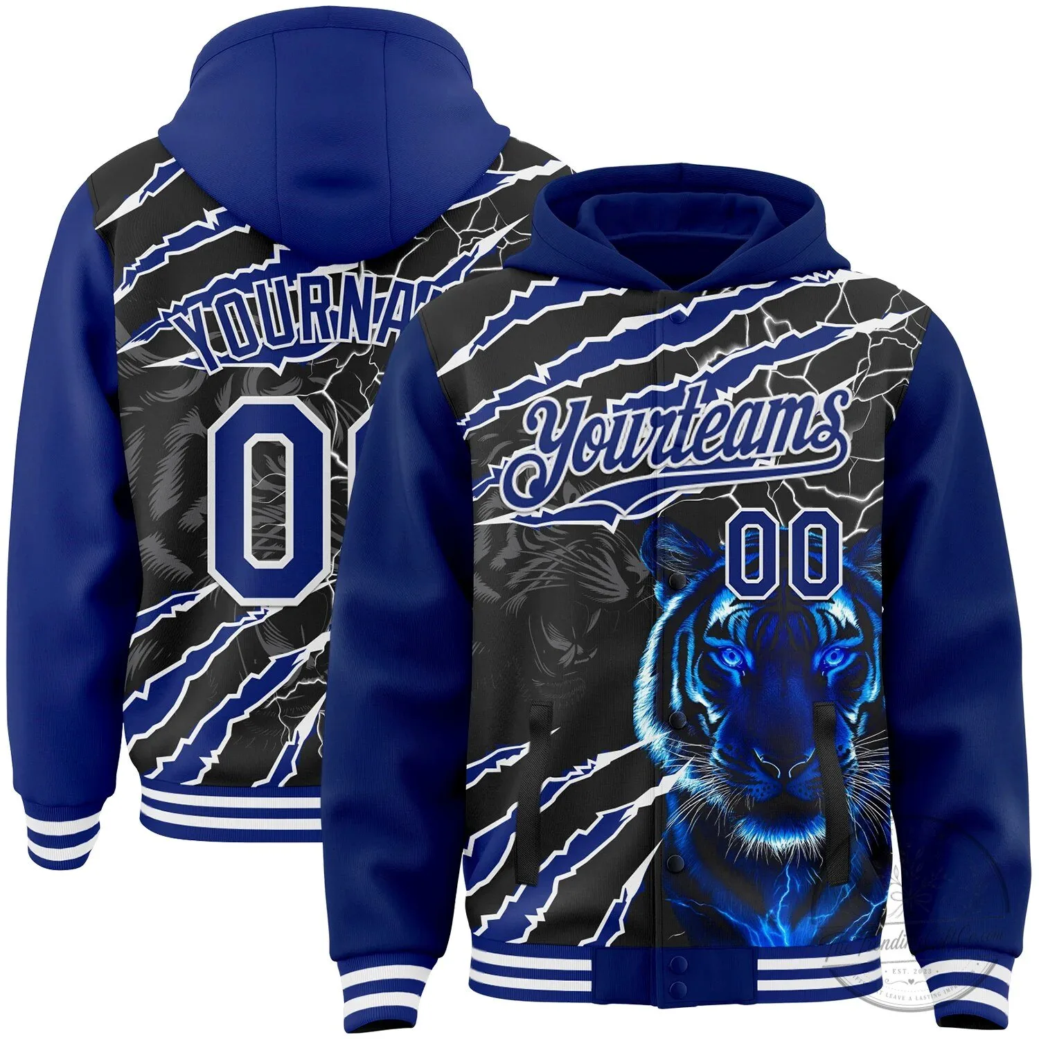 Royal Blue Black Lightning Tiger Claw Scratch Varsity Hoodie Jacket