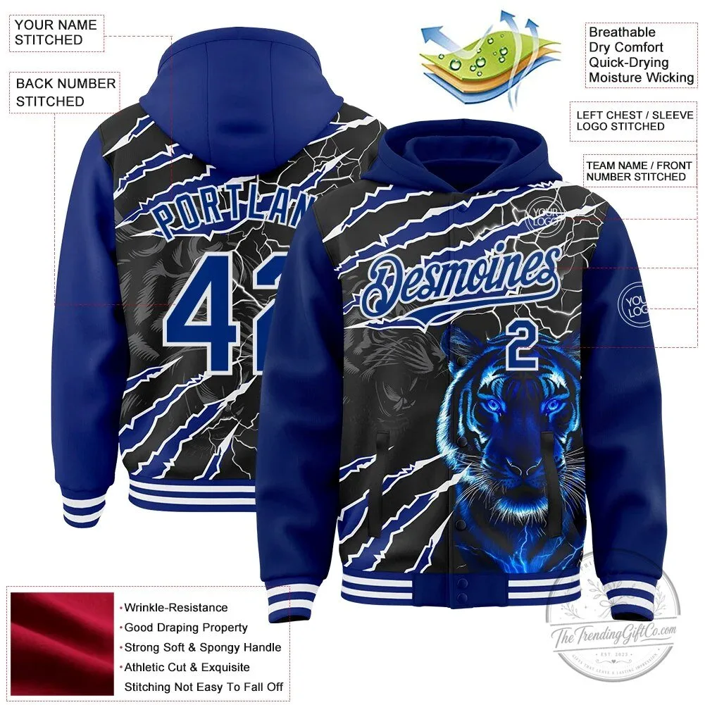 Royal Blue Black Lightning Tiger Claw Scratch Varsity Hoodie Jacket 9 Royal Blue Black Lightning Tiger Claw Scratch Varsity Hoodie Jacket
