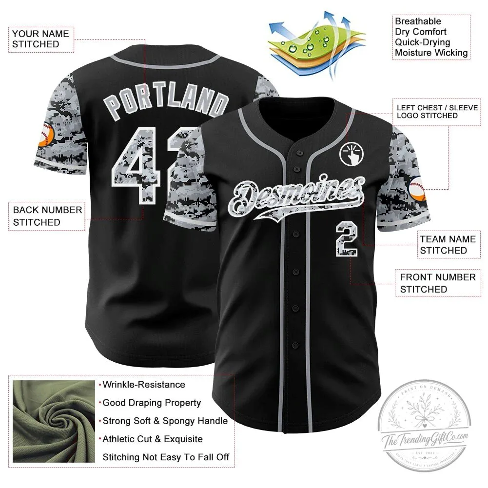 Custom Black Gray White Digital Camouflage Two Tone Authentic Baseball Jersey 7 Custom Black Gray White Digital Camouflage Two Tone Authentic Baseball Jersey