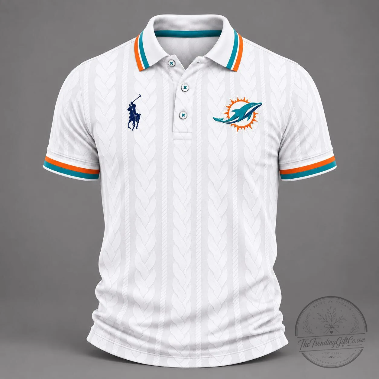 Miami Dolphins NFL Football Team Classic White Striped Polo Shirt