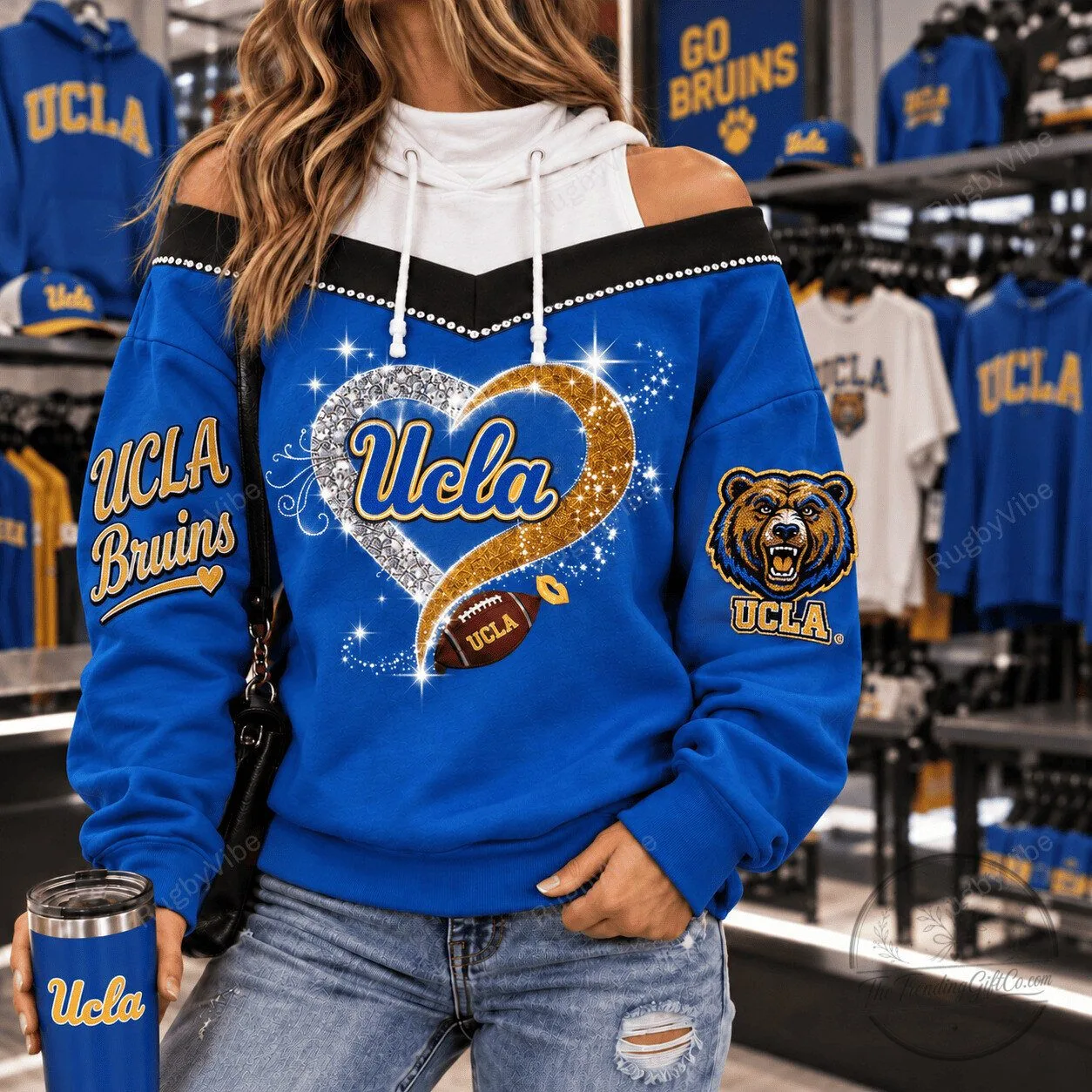 UCLA Bruins Football Glitter Heart Design Off-Shoulder Hoodie
