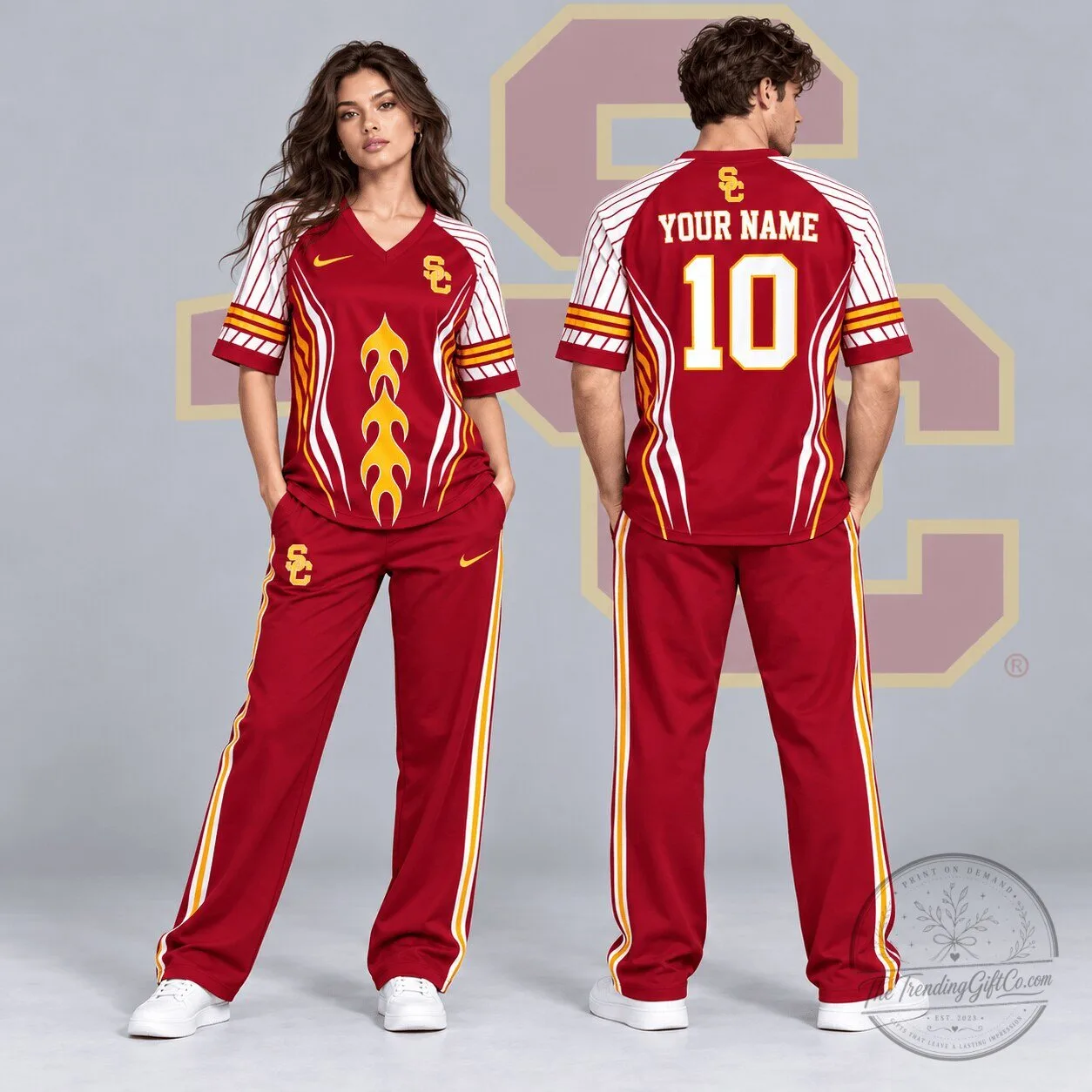 University of Southern California Trojans Flame Stripe Personalized V-Neck Jersey