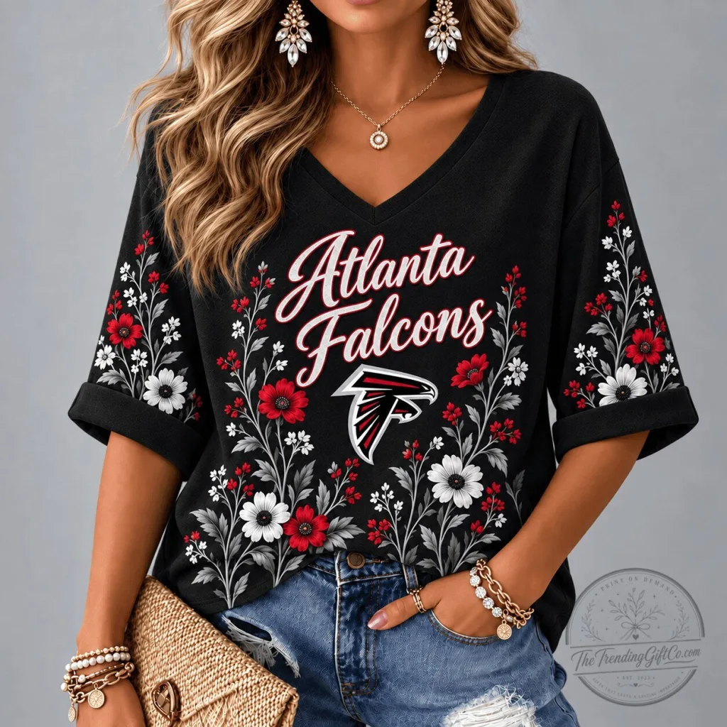 Atlanta Falcons Floral Garden V-Neck Short Sleeve T-Shirt for Women Atlanta Falcons Floral Garden V-Neck Short Sleeve T-Shirt for Women