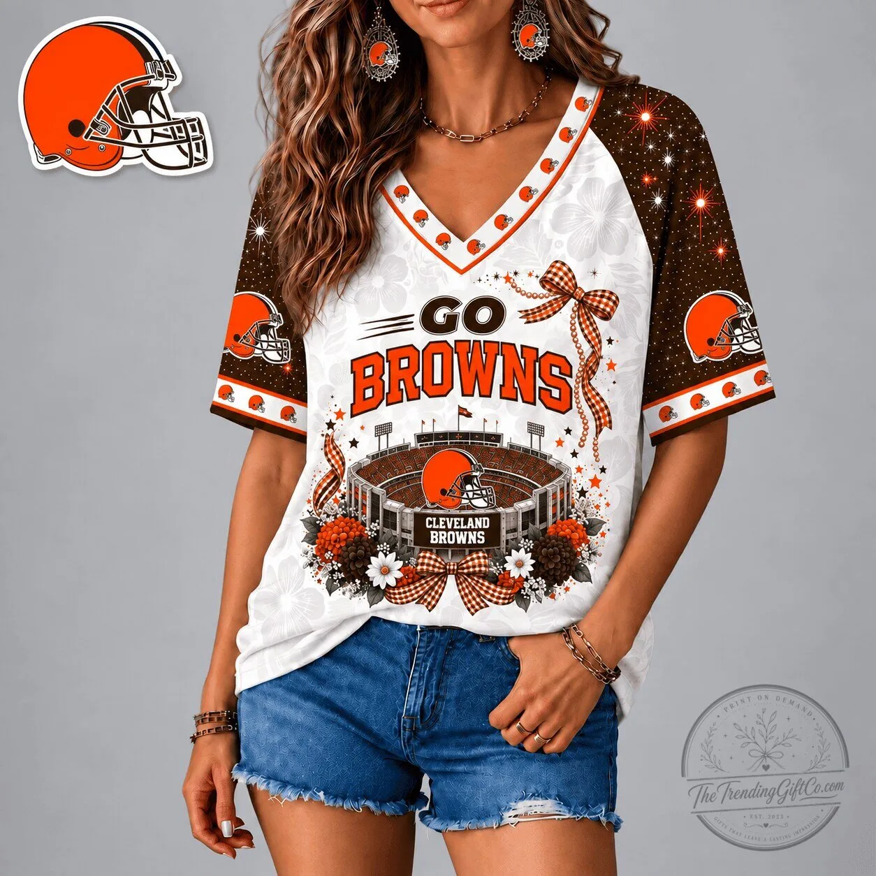Patriotic Floral Bow V-Neck T-Shirt for Cleveland Browns Football Team