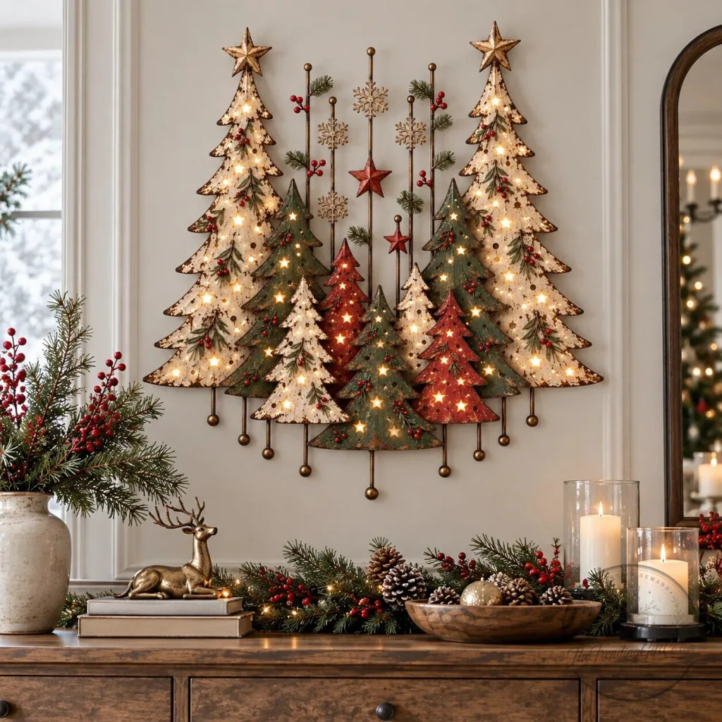 Vintage Christmas Forest Metal Tree Wall Art Decor with LED Lights