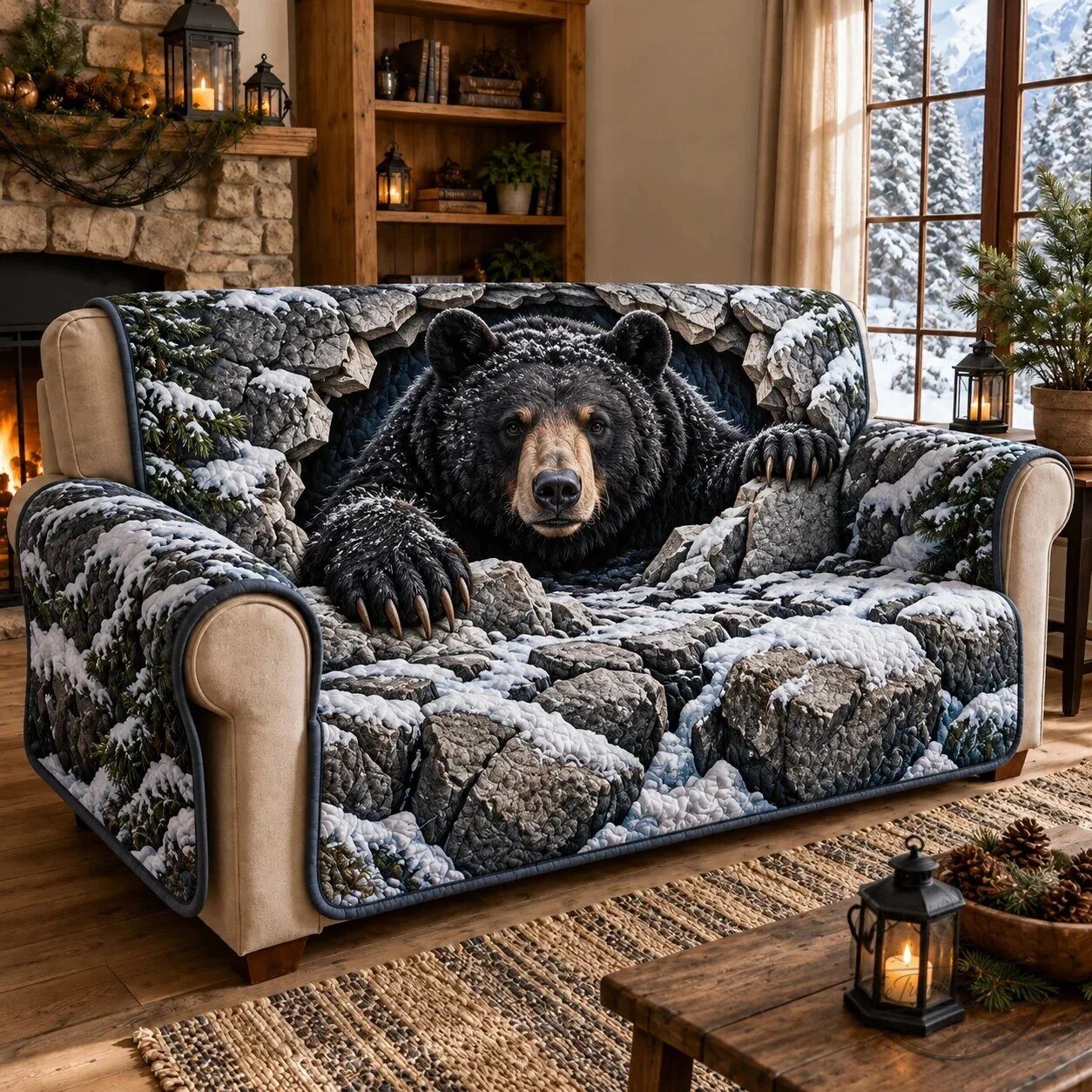 Rocky Bear Winter Forest Quilted Sofa Cover Protector
