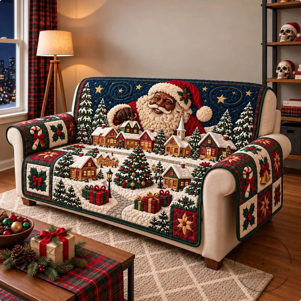 Christmas Santa Snowy Village Quilted Sofa Cover Protector