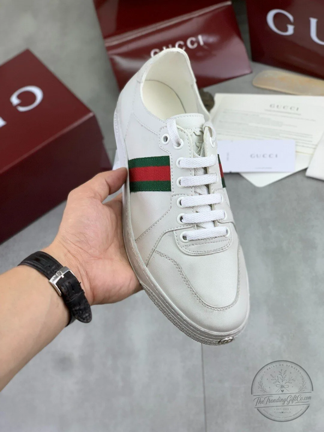 Gucci White Leather Sneakers with Green and Red Web Stripe Detail 5 Gucci White Leather Sneakers with Green and Red Web Stripe Detail