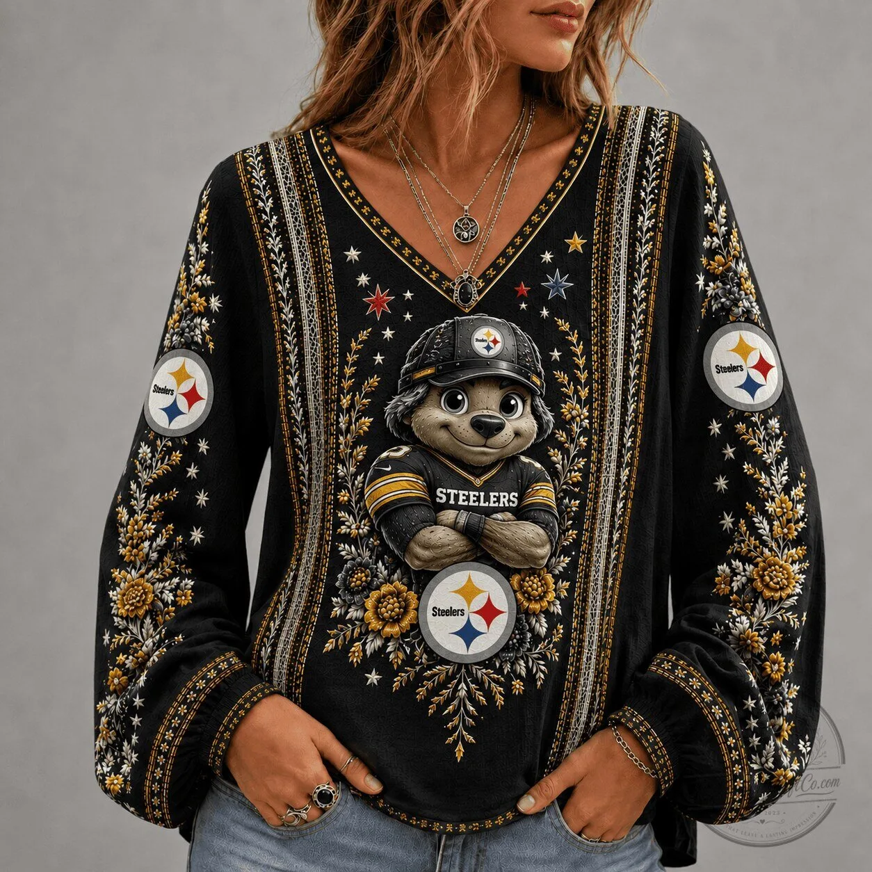 Pittsburgh Steelers Mascot Embroidered Floral Design V-Neck Long Sleeve Shirt 1 Pittsburgh Steelers Mascot Embroidered Floral Design V-Neck Long Sleeve Shirt
