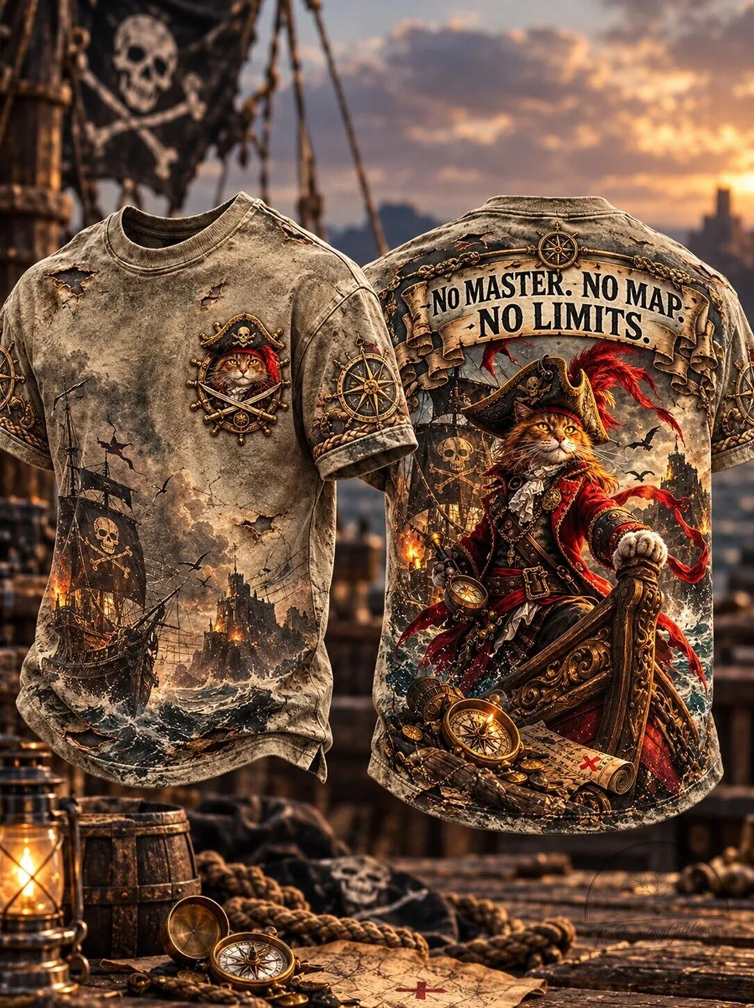 Pirate Cat Captain No Master No Map No Limits Graphic T-Shirt