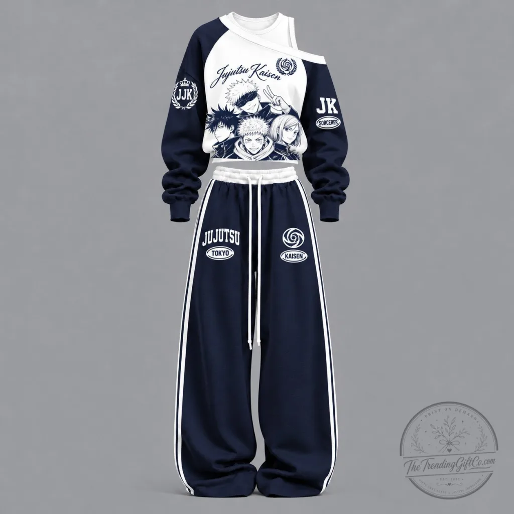 Jujutsu Kaisen Anime Characters Off Shoulder Sweatshirt and Sweatpants Set Jujutsu Kaisen Anime Characters Off Shoulder Sweatshirt and Sweatpants Set