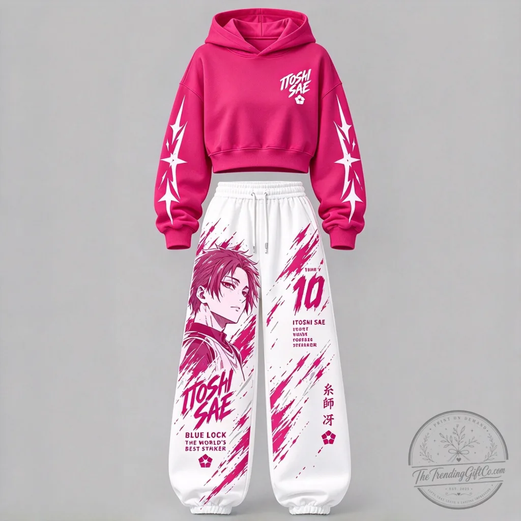 Blue Lock Itoshi Sae Anime Character Pink Cropped Hoodie and Sweatpants Set Blue Lock Itoshi Sae Anime Character Pink Cropped Hoodie and Sweatpants Set