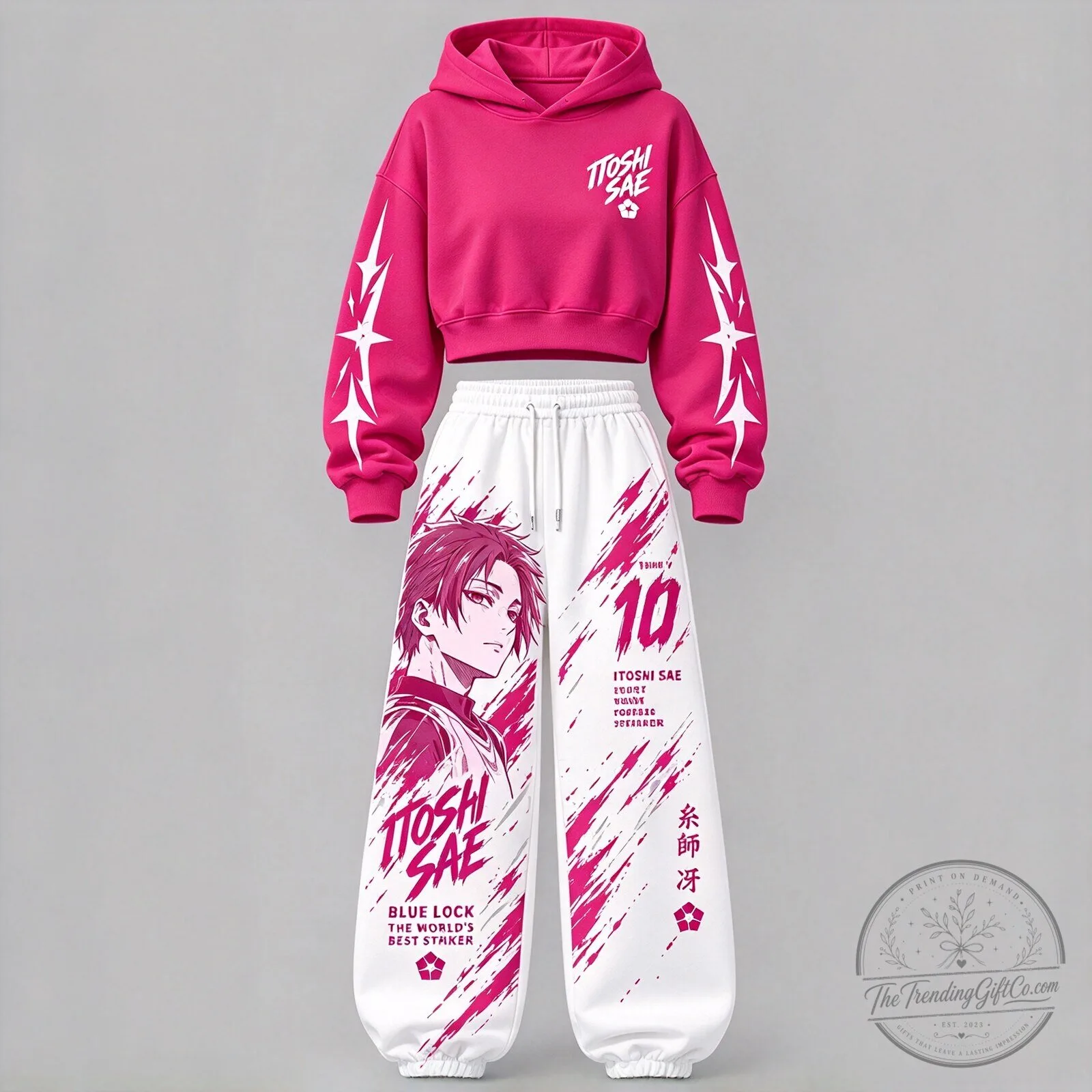 Blue Lock Itoshi Sae Anime Character Pink Cropped Hoodie and Sweatpants Set 1 Blue Lock Itoshi Sae Anime Character Pink Cropped Hoodie and Sweatpants Set