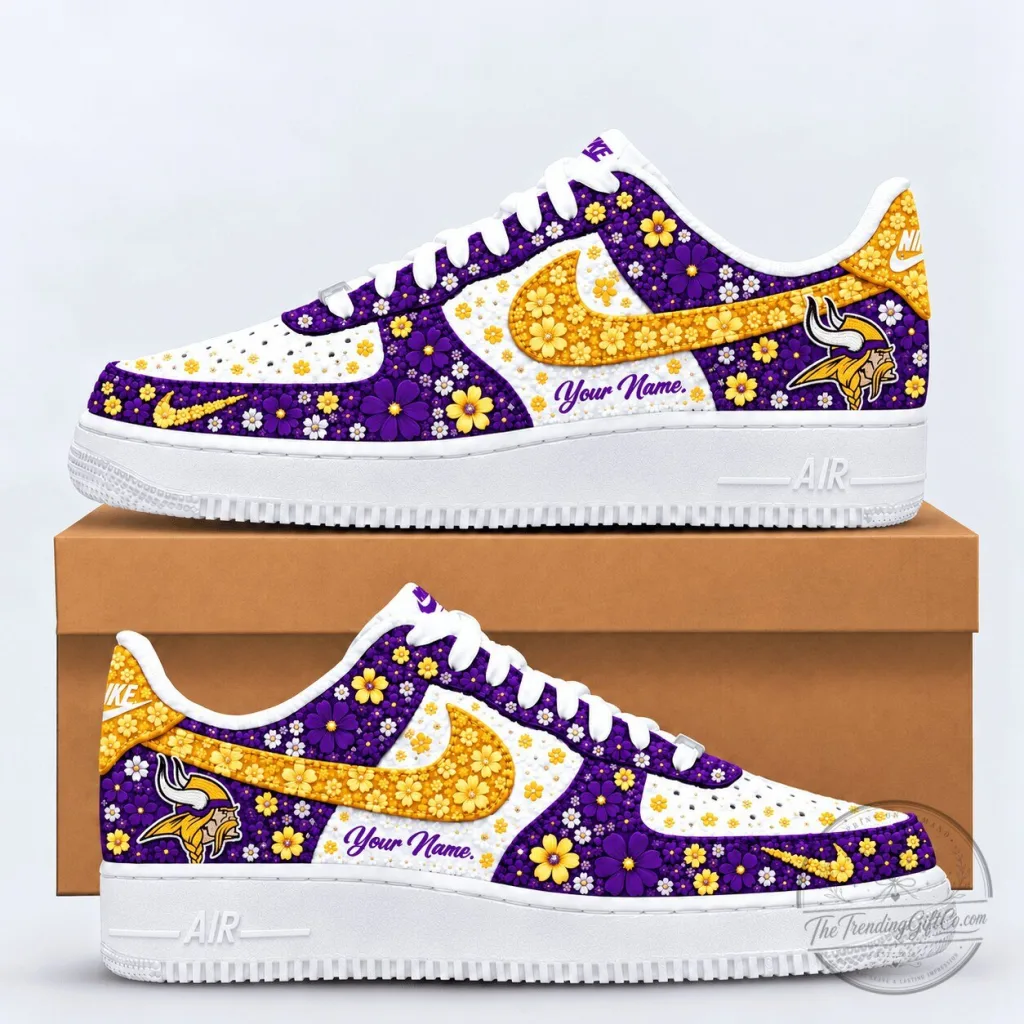 Minnesota Vikings Floral Heritage Custom Name White Purple Gold Sneakers Minnesota Vikings Floral Heritage Custom Name White Purple Gold Sneakers