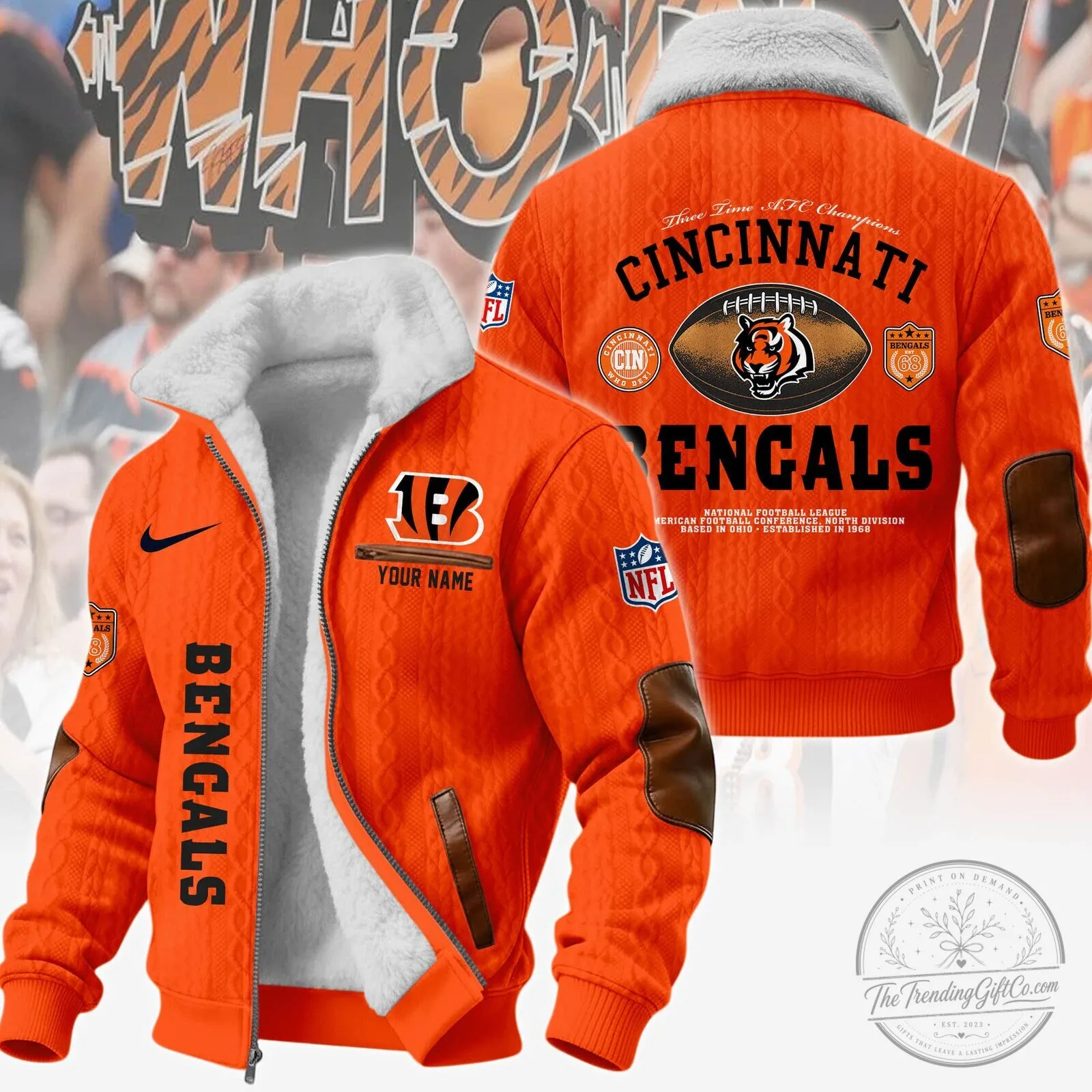 Cincinnati Bengals NFL Football Team Winter Fleece Bomber Jacket 8 Cincinnati Bengals NFL Football Team Winter Fleece Bomber Jacket