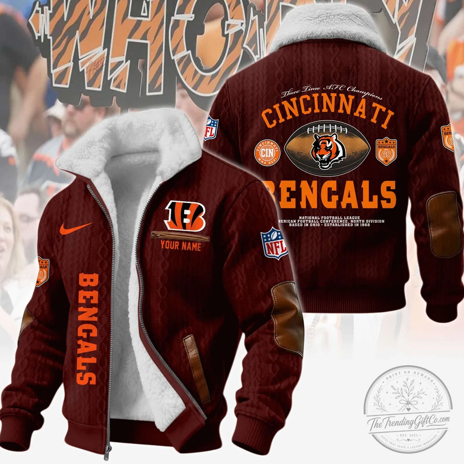 Cincinnati Bengals NFL Football Team Winter Fleece Bomber Jacket 9 Cincinnati Bengals NFL Football Team Winter Fleece Bomber Jacket