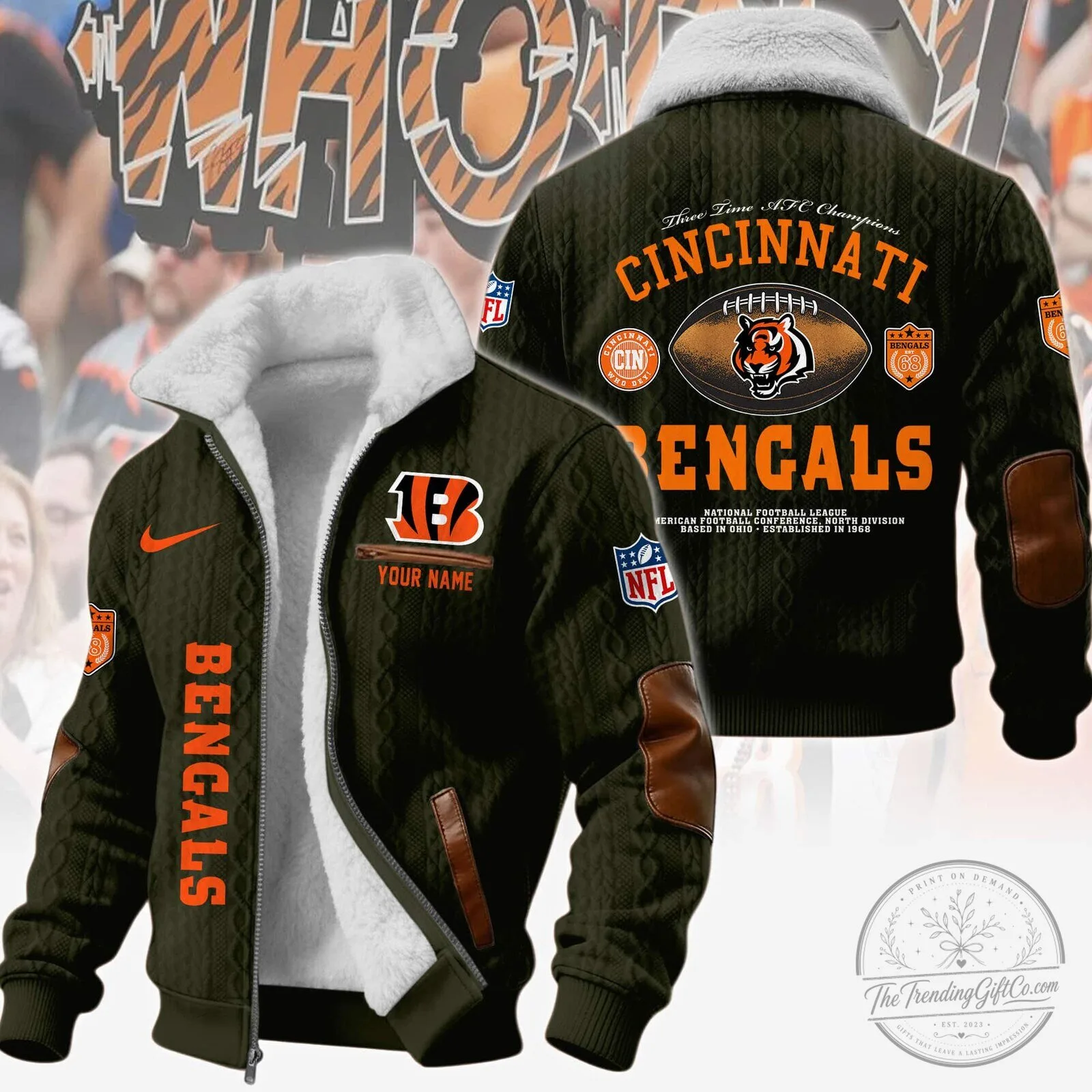 Cincinnati Bengals NFL Football Team Winter Fleece Bomber Jacket 10 Cincinnati Bengals NFL Football Team Winter Fleece Bomber Jacket