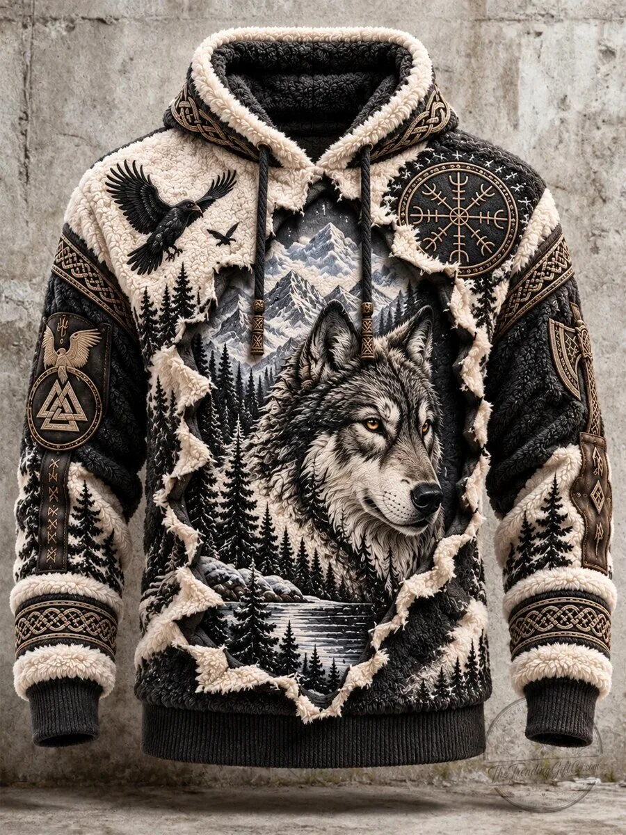 Viking Wolf Spirit Animal Mountain Forest Raven Art Sherpa Fleece Hoodie