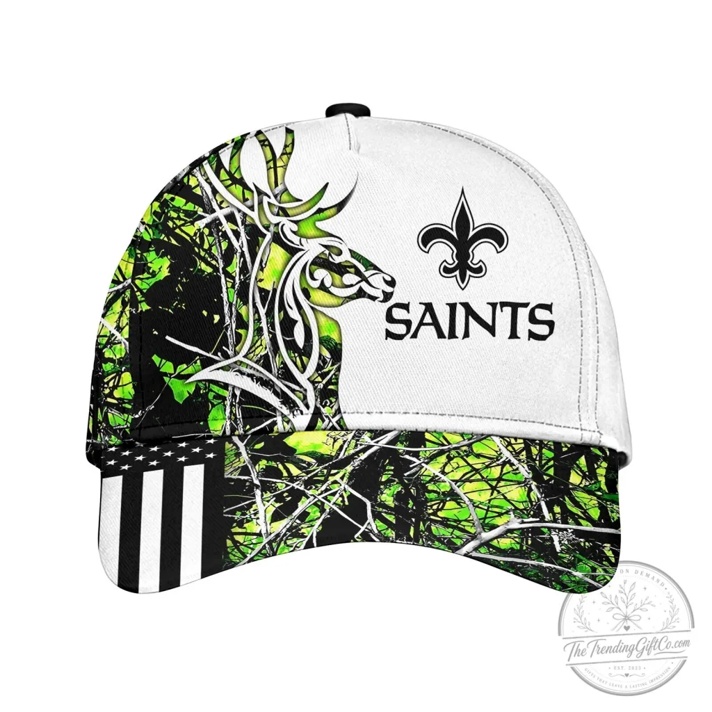 American Flag Cap Hat in Camouflage for Deer Hunting featuring New Orleans Saints Design American Flag Cap Hat in Camouflage for Deer Hunting featuring New Orleans Saints Design