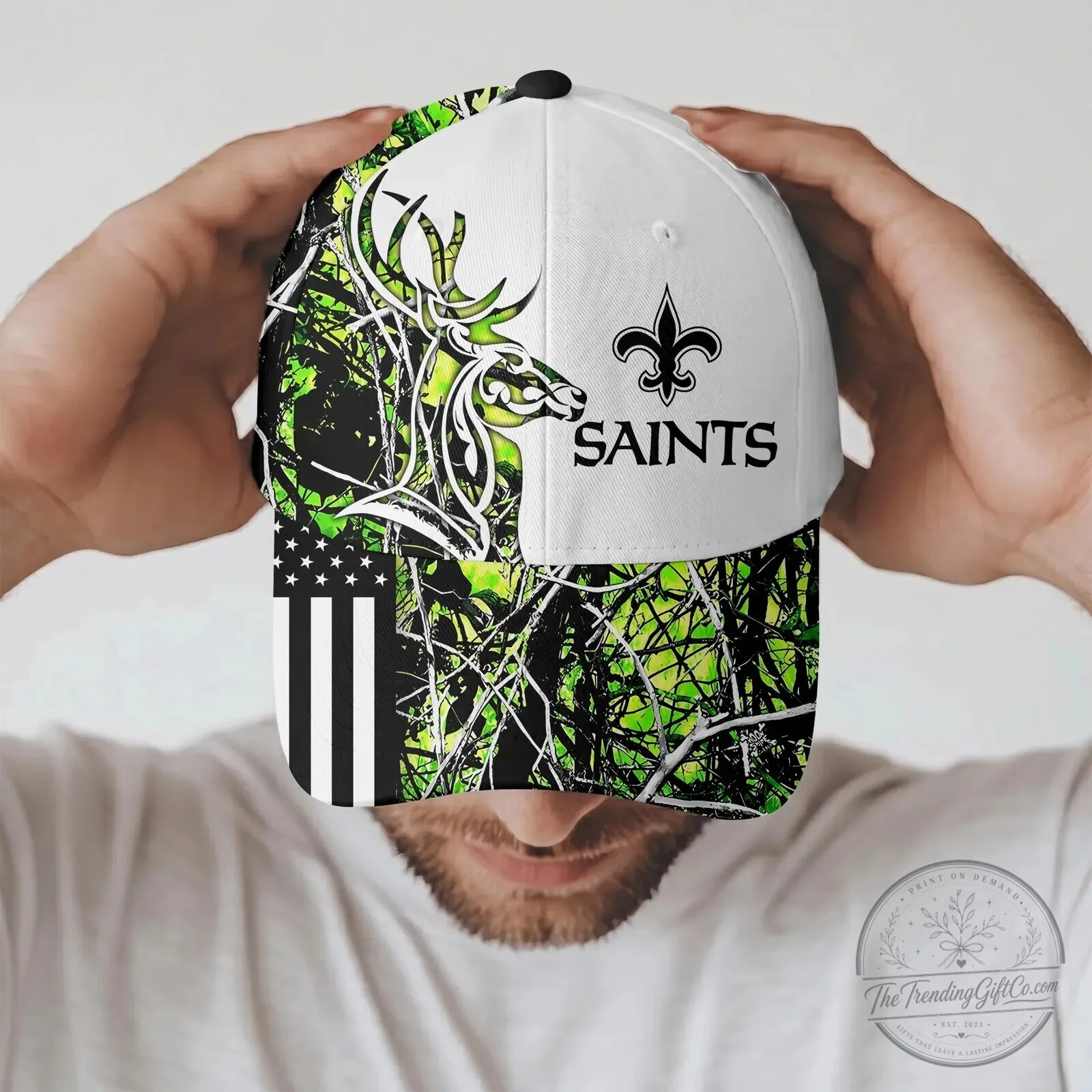 American Flag Cap Hat in Camouflage for Deer Hunting featuring New Orleans Saints Design 7 American Flag Cap Hat in Camouflage for Deer Hunting featuring New Orleans Saints Design