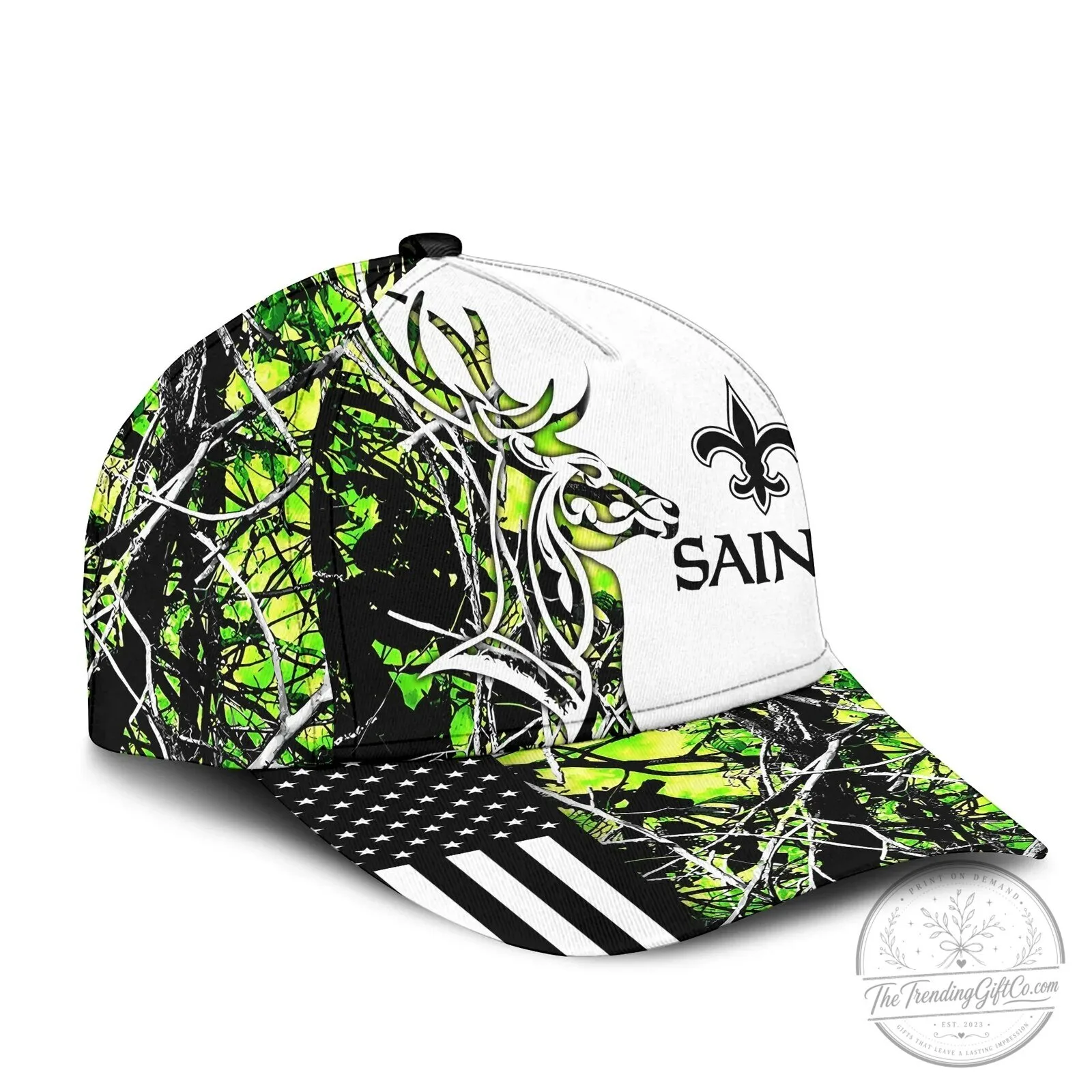 American Flag Cap Hat in Camouflage for Deer Hunting featuring New Orleans Saints Design 9 American Flag Cap Hat in Camouflage for Deer Hunting featuring New Orleans Saints Design