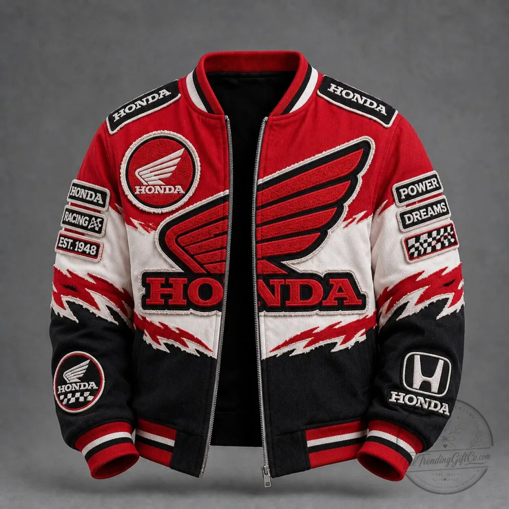 Honda Racing Motorcycle Bomber Jacket with Embroidered Wing Design Honda Racing Motorcycle Bomber Jacket with Embroidered Wing Design